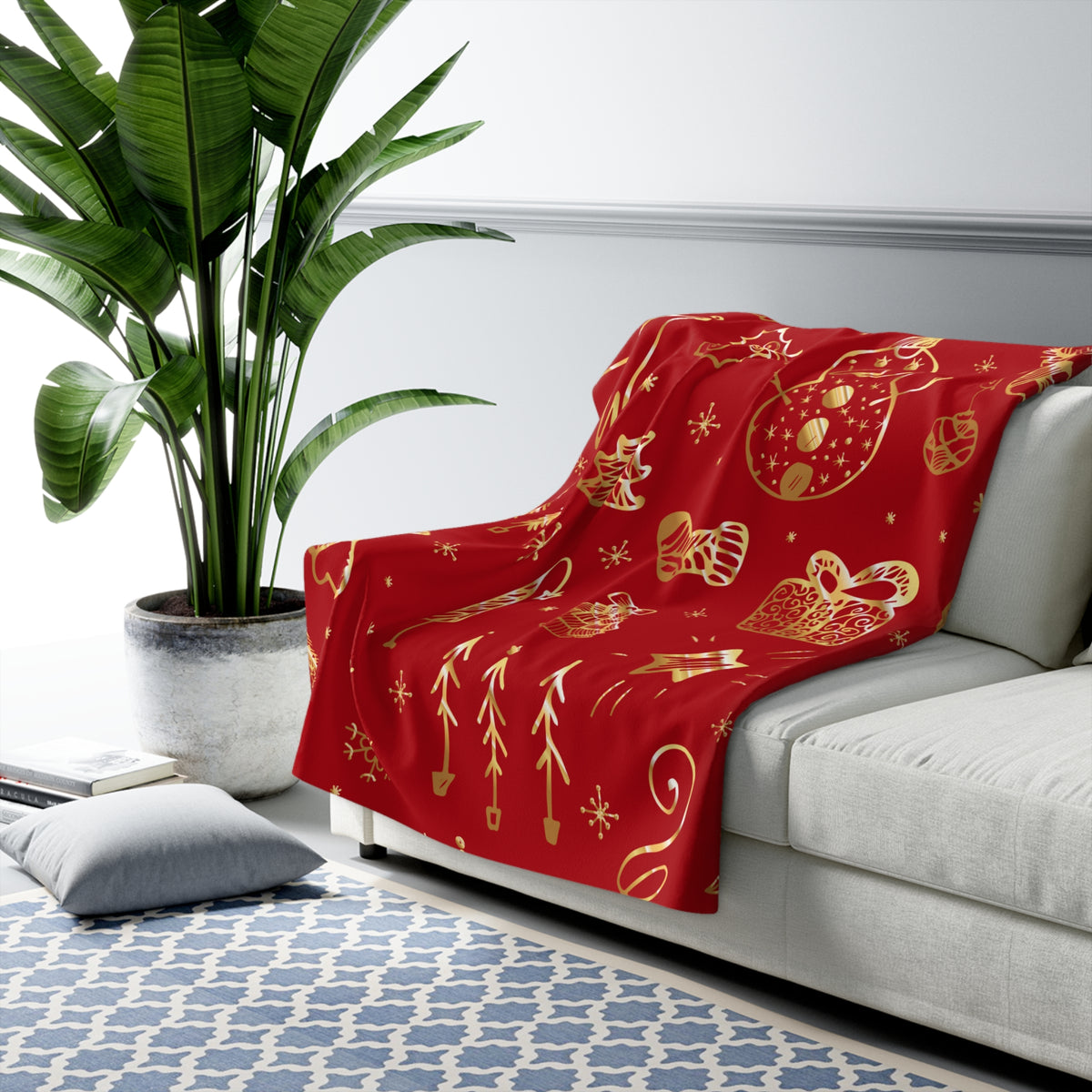 Cranberry Red & Gold Christmas Sherpa Fleece Blanket