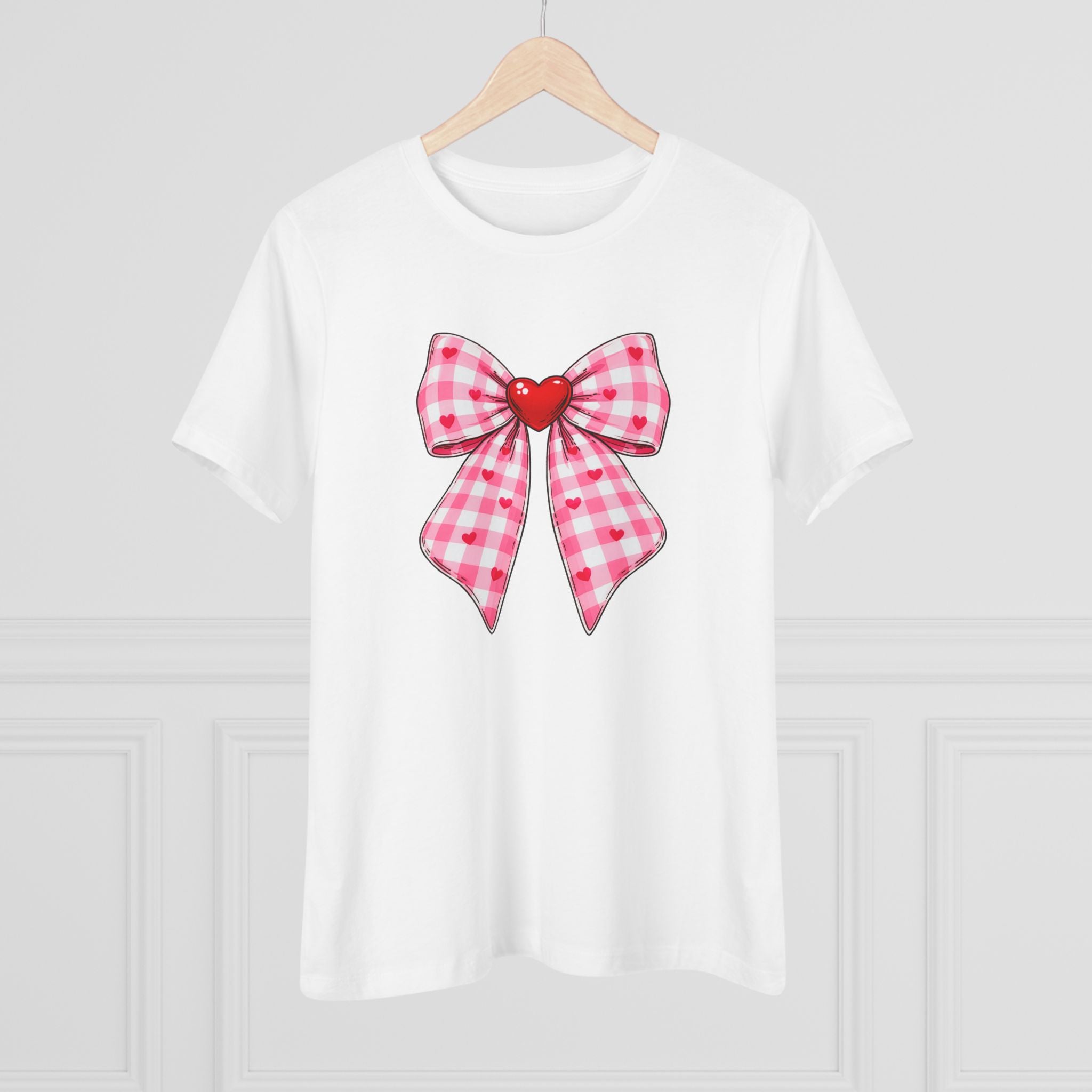 Gingham Heart Bow Cotton Tee - Pink Bow Valentine's Shirt for Women