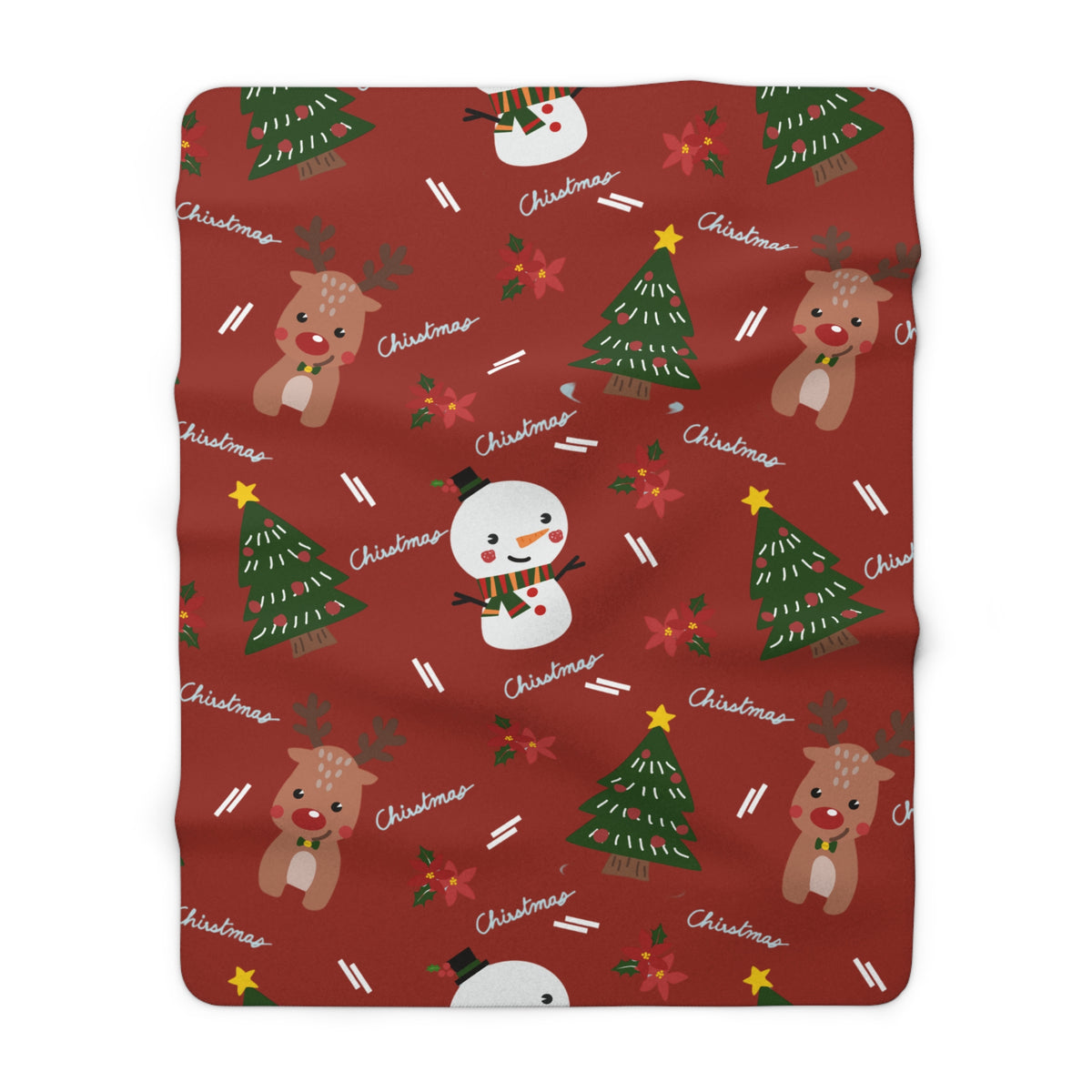 Red Christmas Snowman & Reindeer Sherpa Fleece Blanket