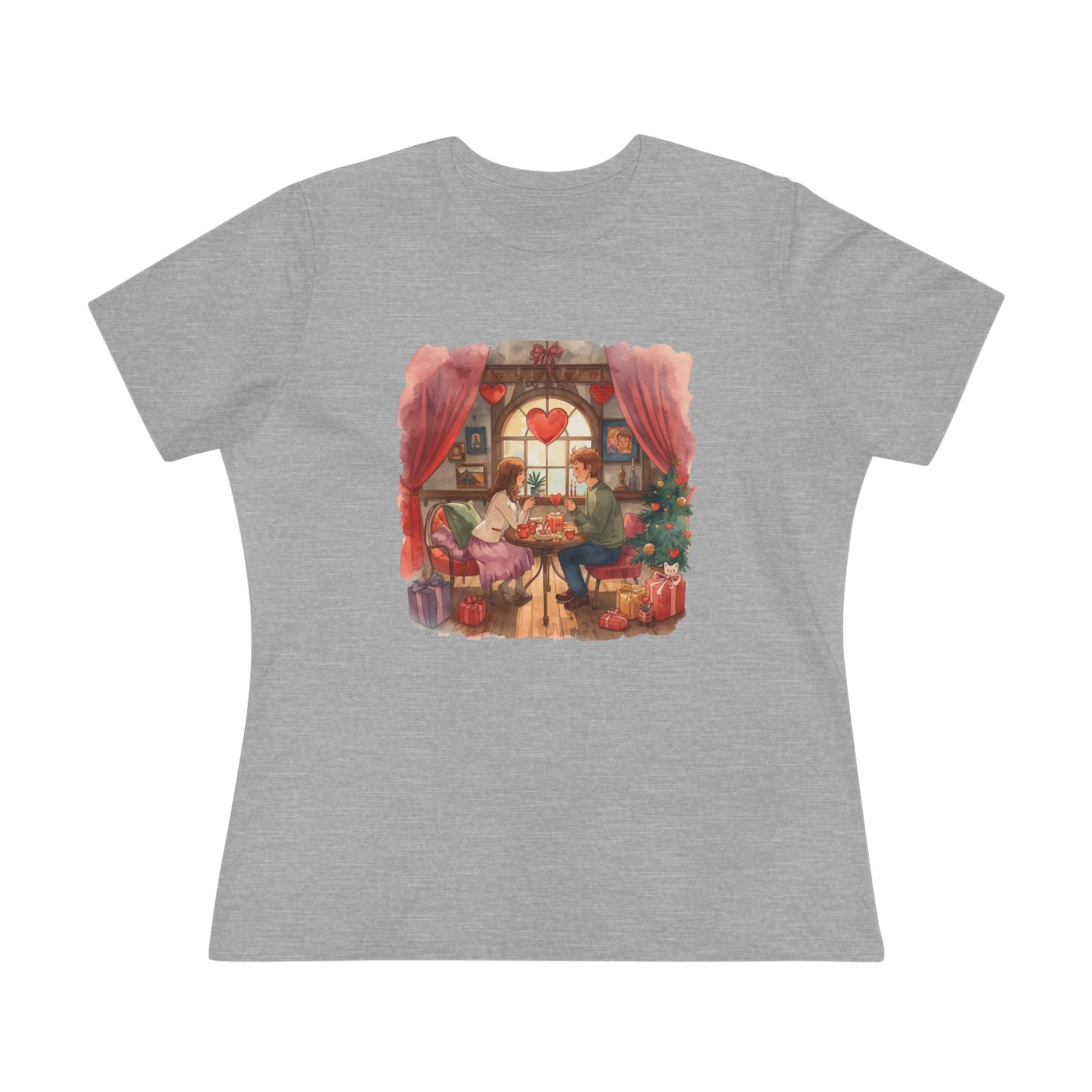 Cozy Tea Room Cotton Tee - Romantic Heart Window Illustration Shirt for Women