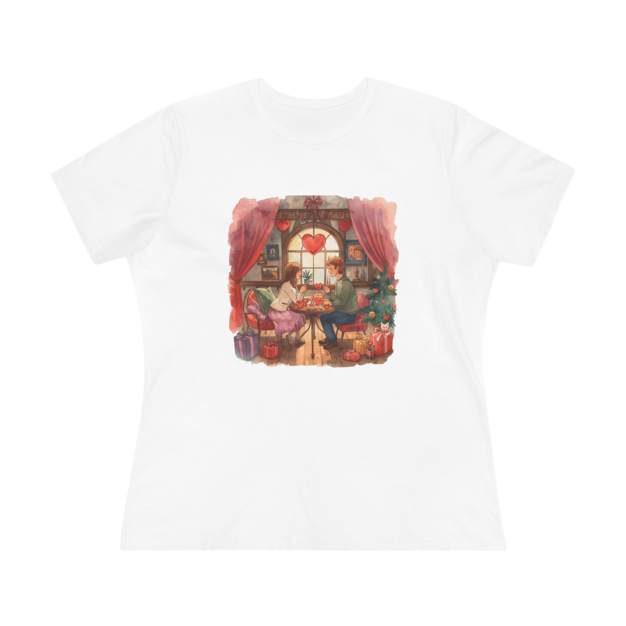 Cozy Tea Room Cotton Tee - Romantic Heart Window Illustration Shirt for Women