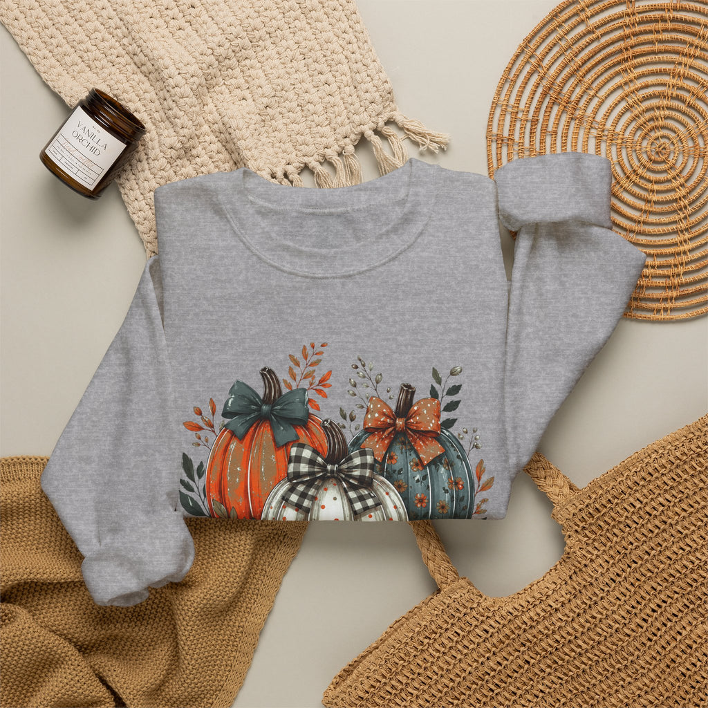Autumn Pumpkin Trio Crewneck Sweatshirt — Fall Floral Thanksgiving Pullover