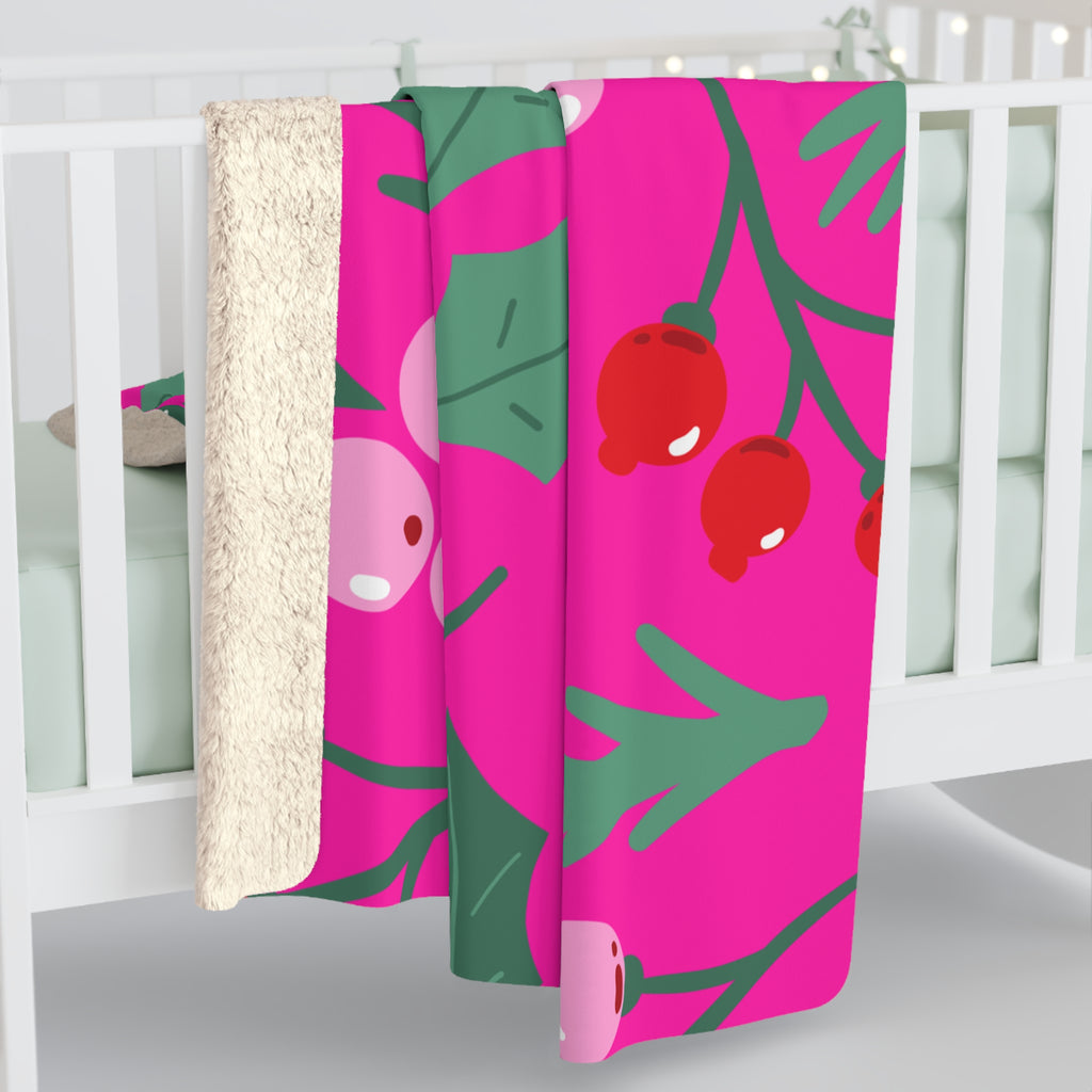 Pink Christmas Holly & Berry Sherpa Fleece Blanket