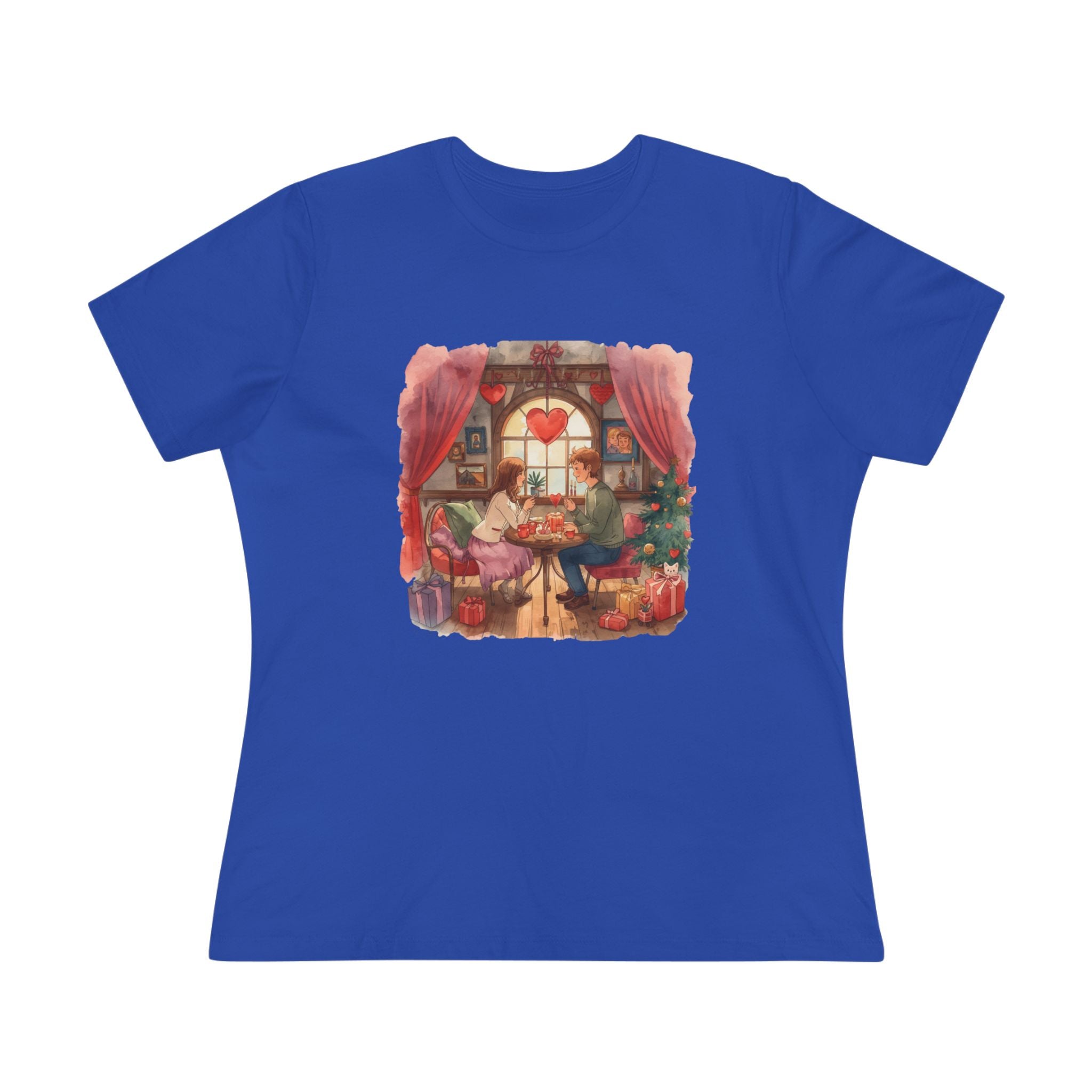 Cozy Tea Room Cotton Tee - Romantic Heart Window Illustration Shirt for Women