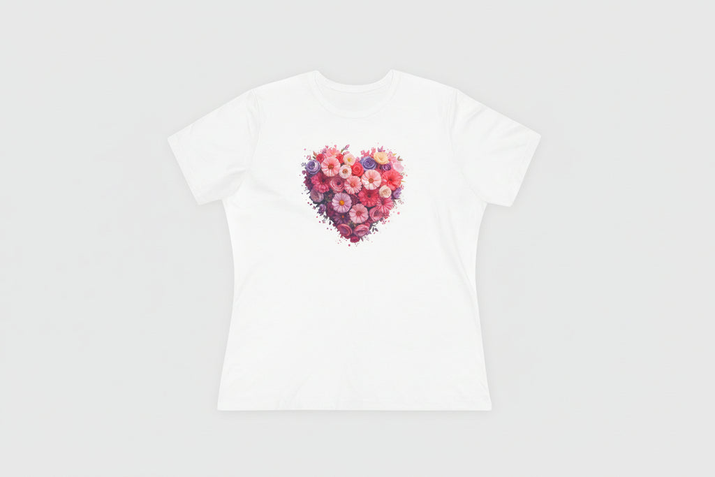 White t-shirt with a colorful floral heart design on a white background