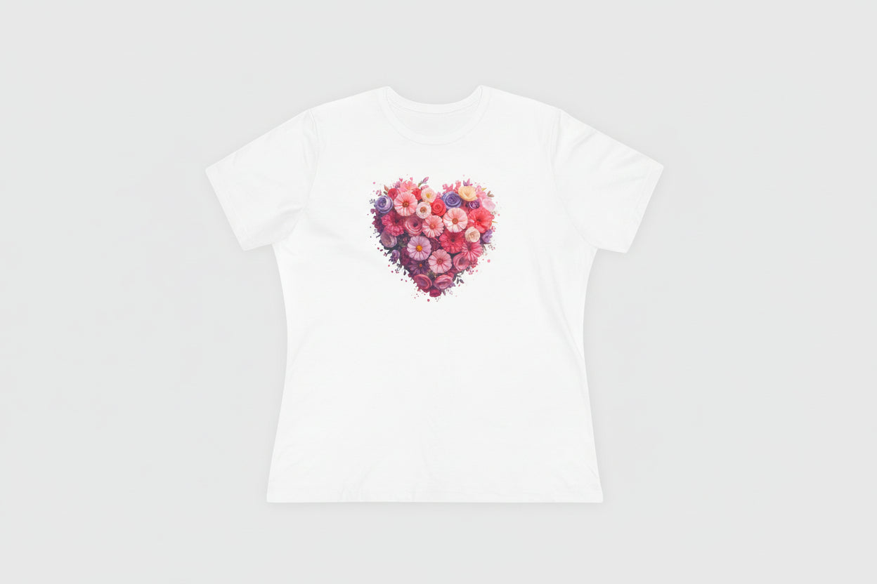 White t-shirt with a colorful floral heart design on a white background