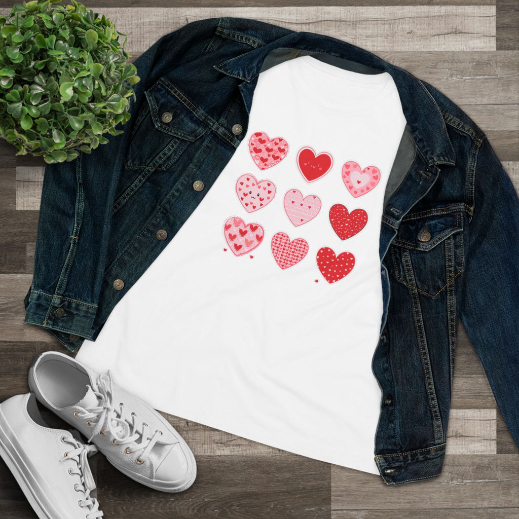 Heart Grid Cotton Tee - Pink & Red Hearts Graphic Shirt for Women