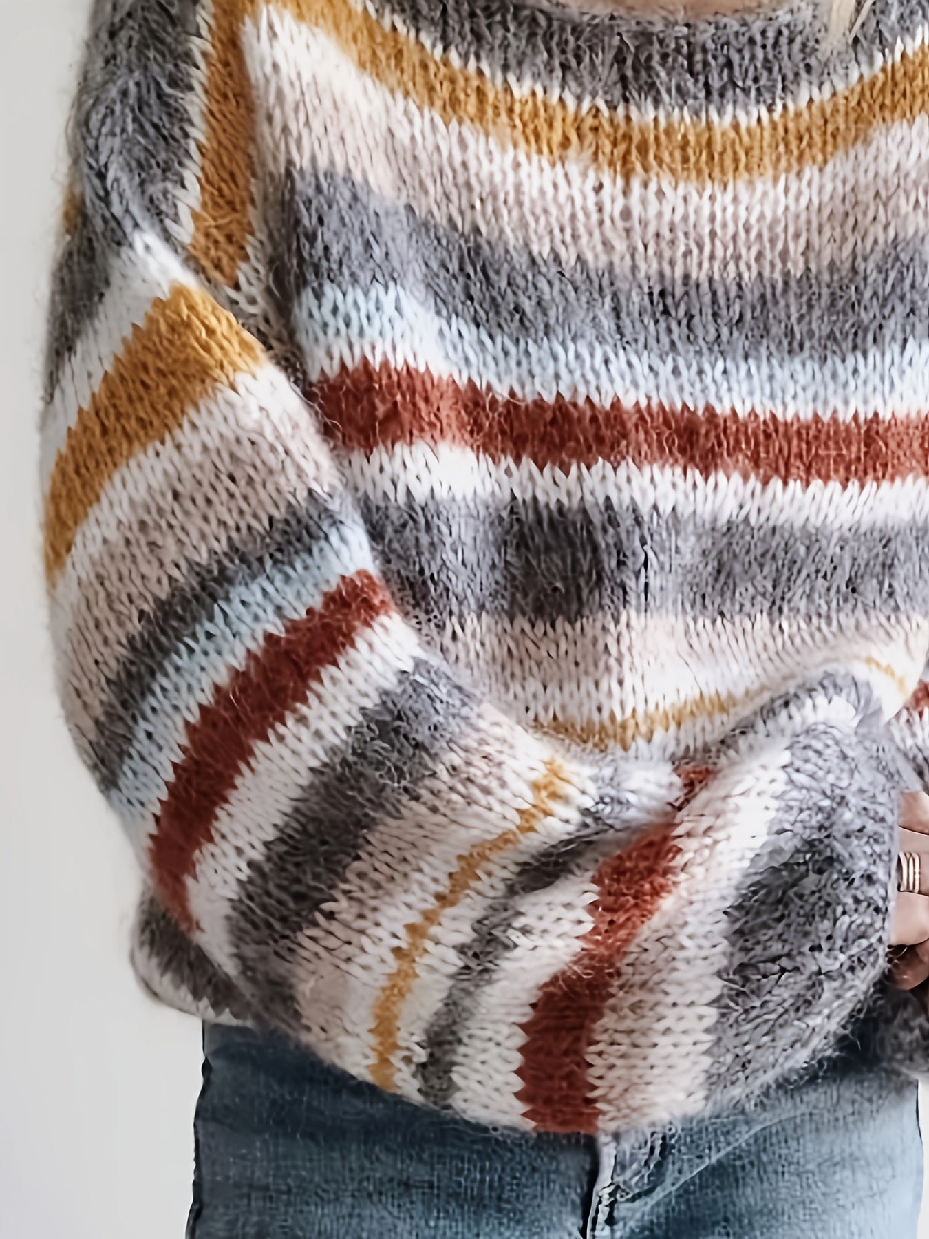 Women's Striped Color Block Sweater - Casual Long Sleeve Crew Neck Pullover