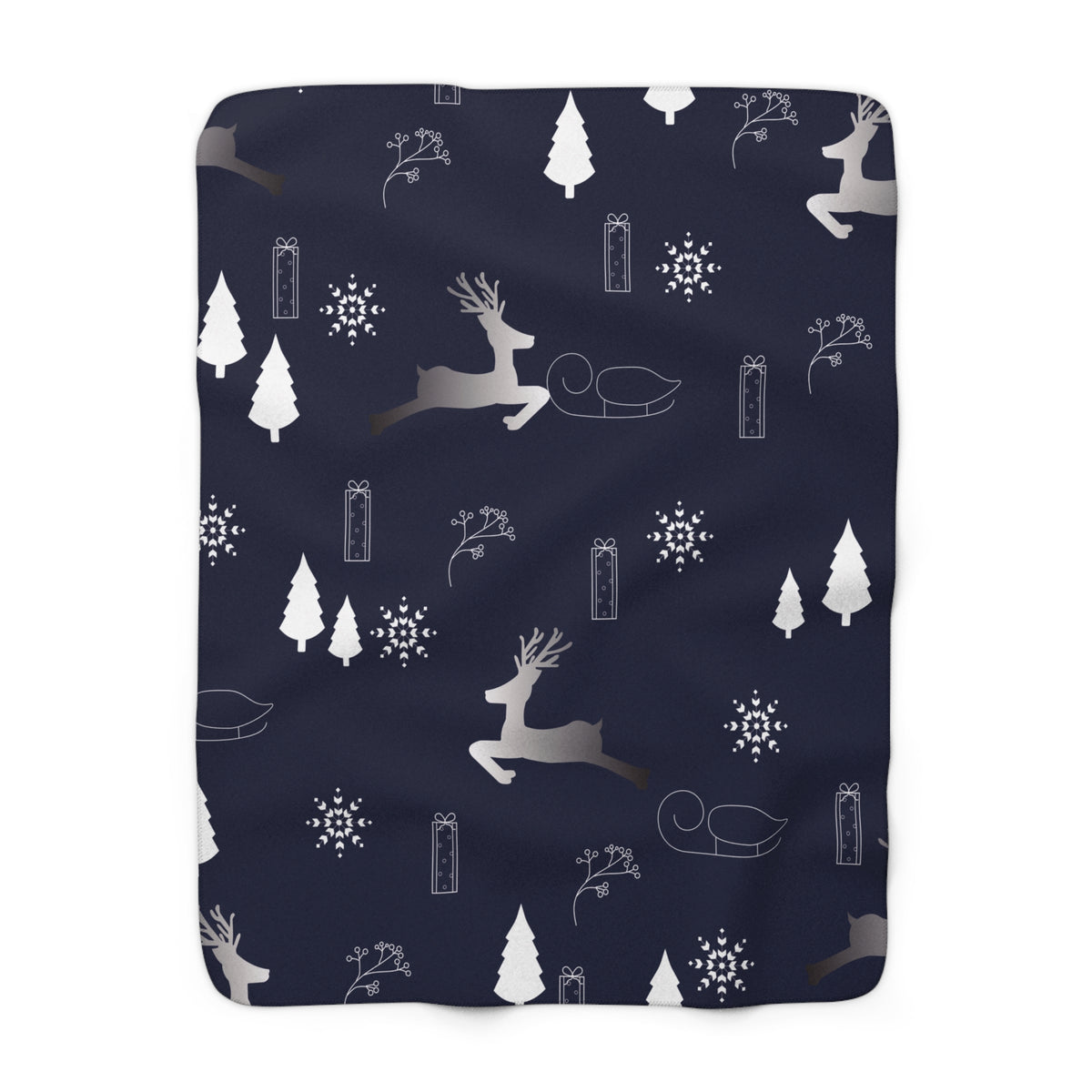 Navy Christmas Reindeer & Snowflake Sherpa Fleece Blanket