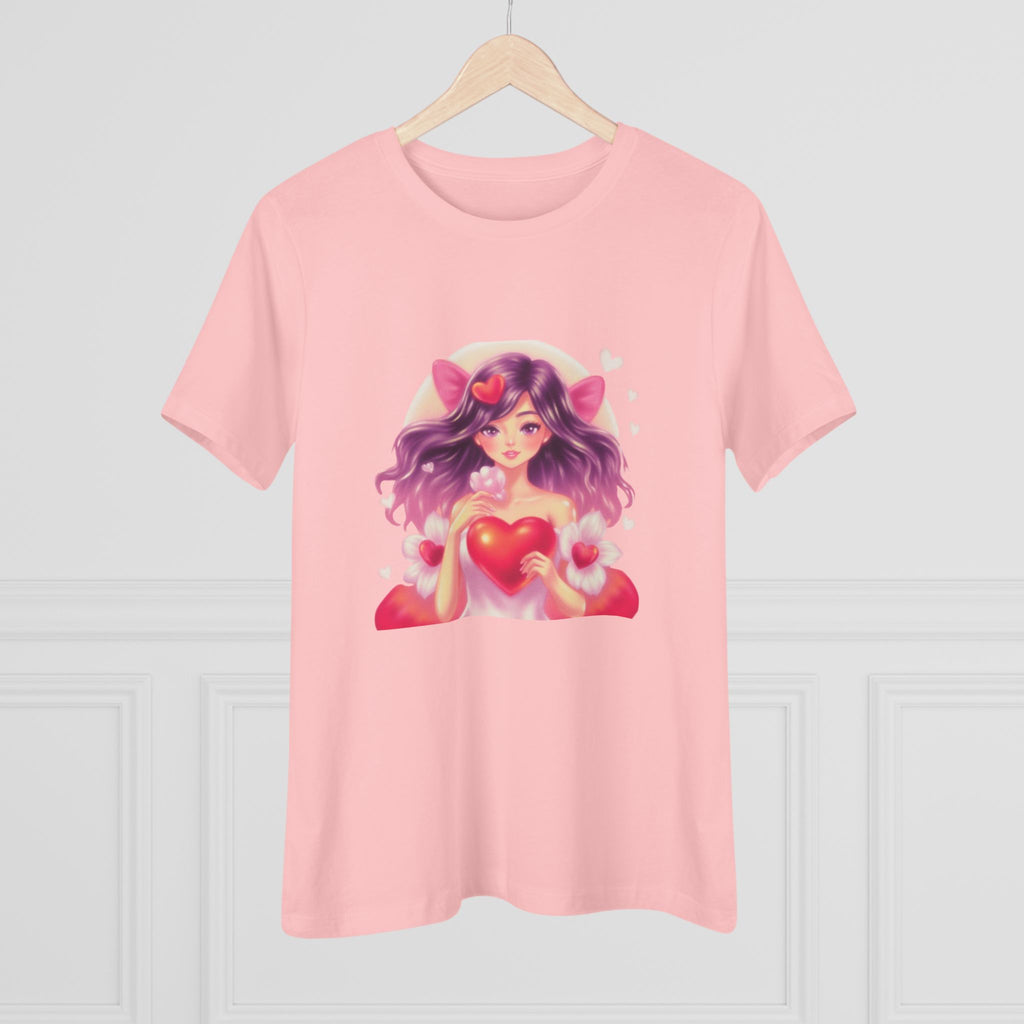 Cute Anime Girl Cotton Tee - Kawaii Heart Valentine's Shirt for Women