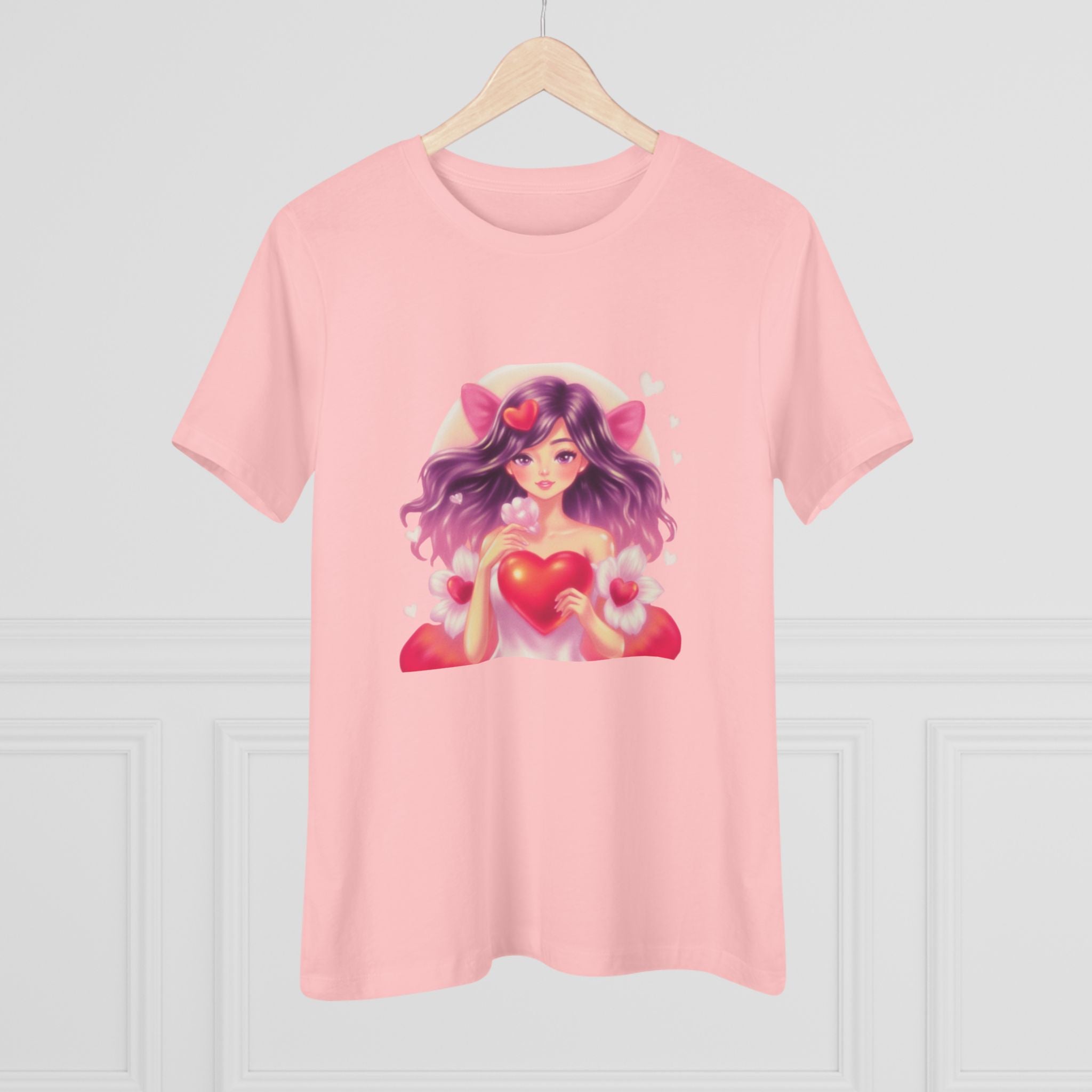 Cute Anime Girl Cotton Tee - Kawaii Heart Valentine's Shirt for Women