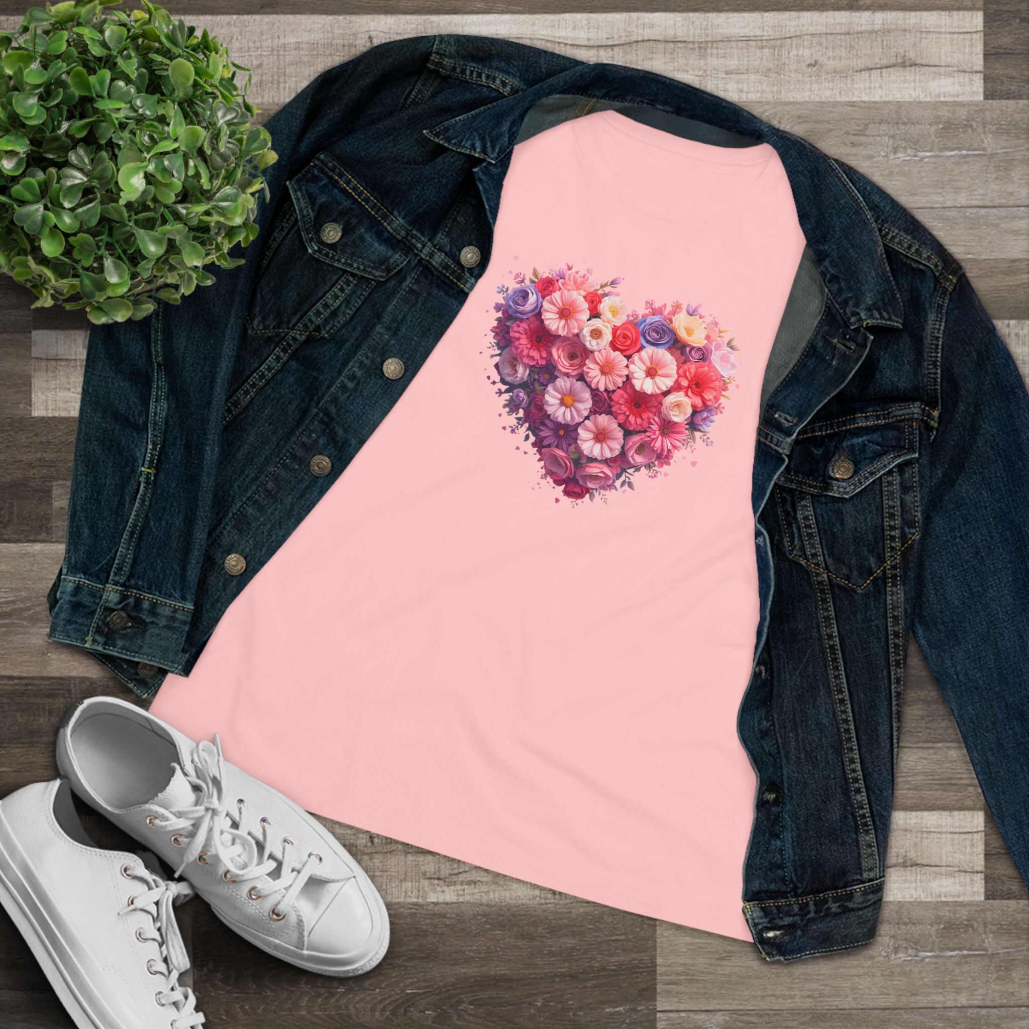 Floral Heart Cotton Tee - Pink Flower Heart Graphic Shirt for Women
