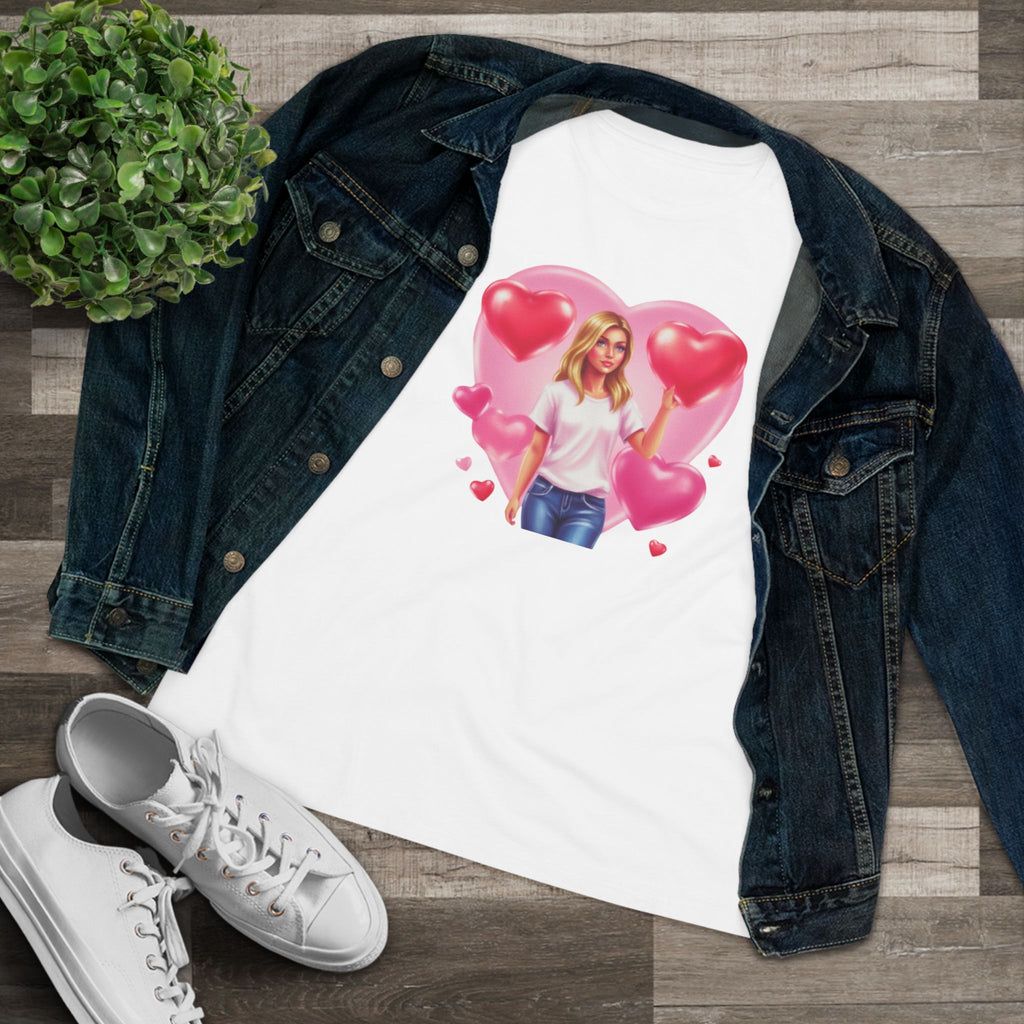 Heart Balloon Cotton Tee - Girl with Pink Heart Balloons Graphic Shirt for Women