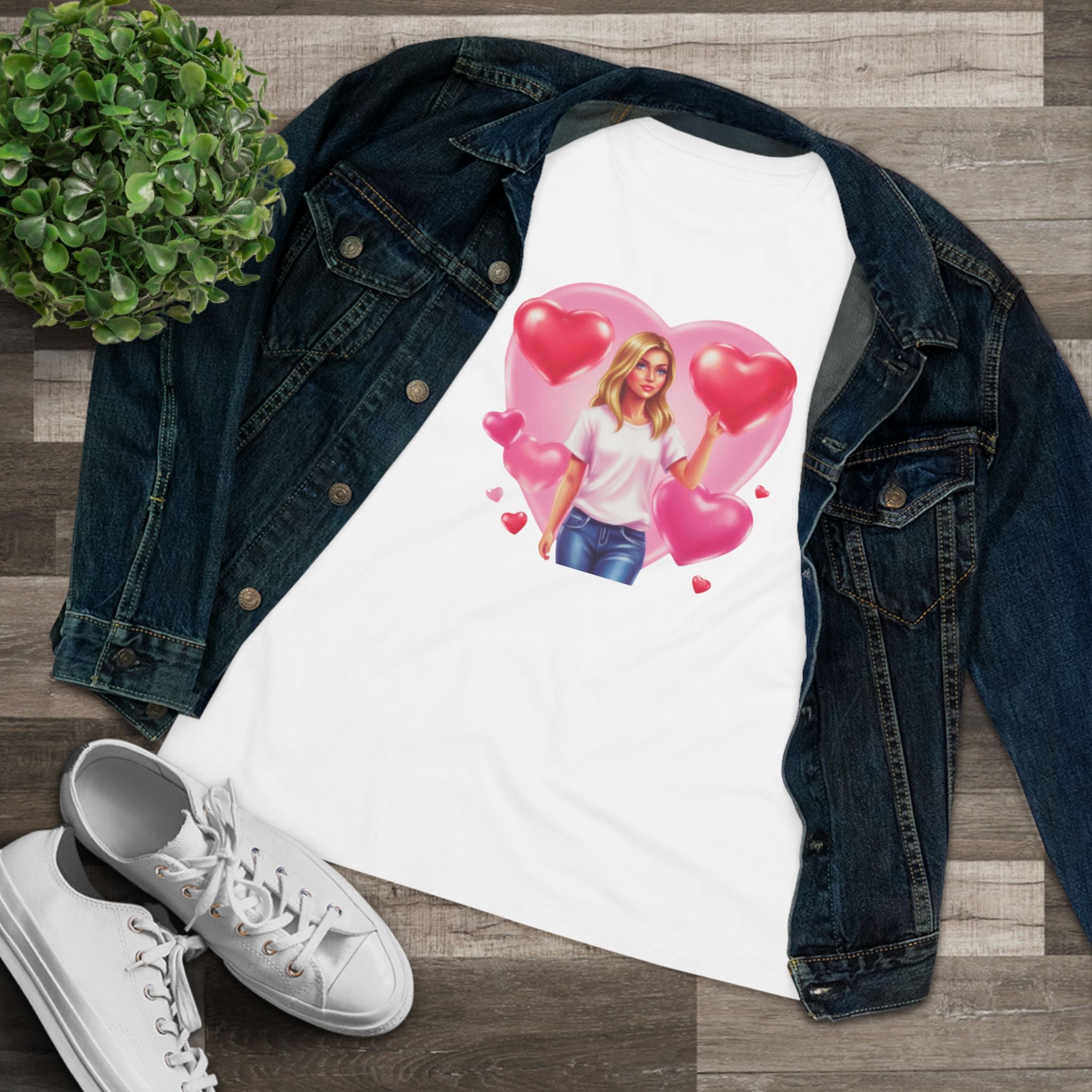 Heart Balloon Cotton Tee - Girl with Pink Heart Balloons Graphic Shirt for Women