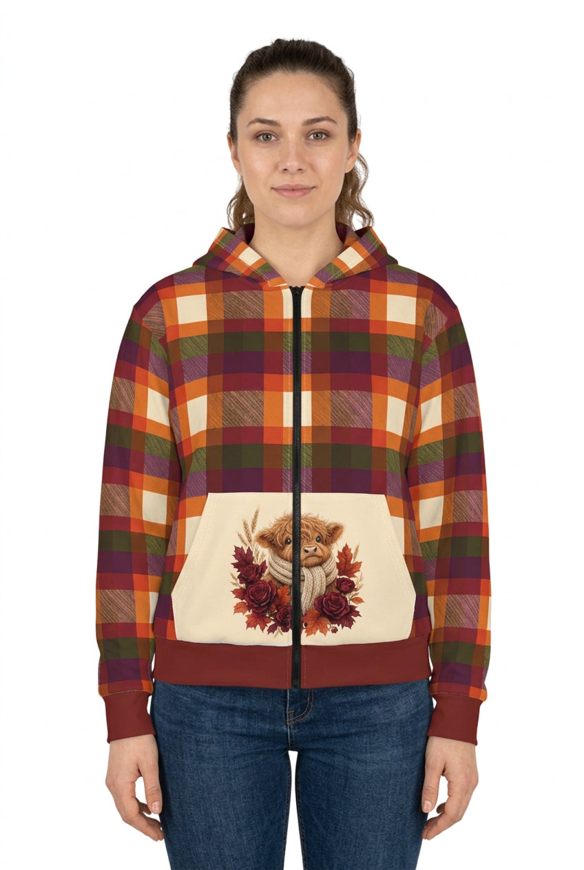 Autumn Plaid Highland Cow Floral Zip Hoodie