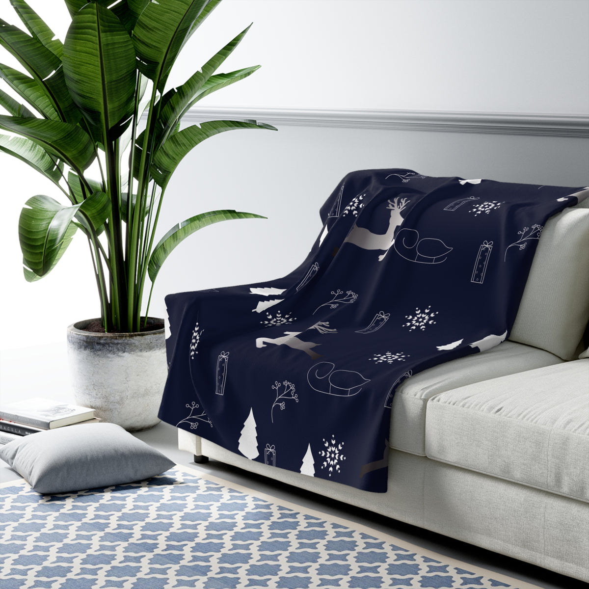 Navy Christmas Reindeer & Snowflake Sherpa Fleece Blanket