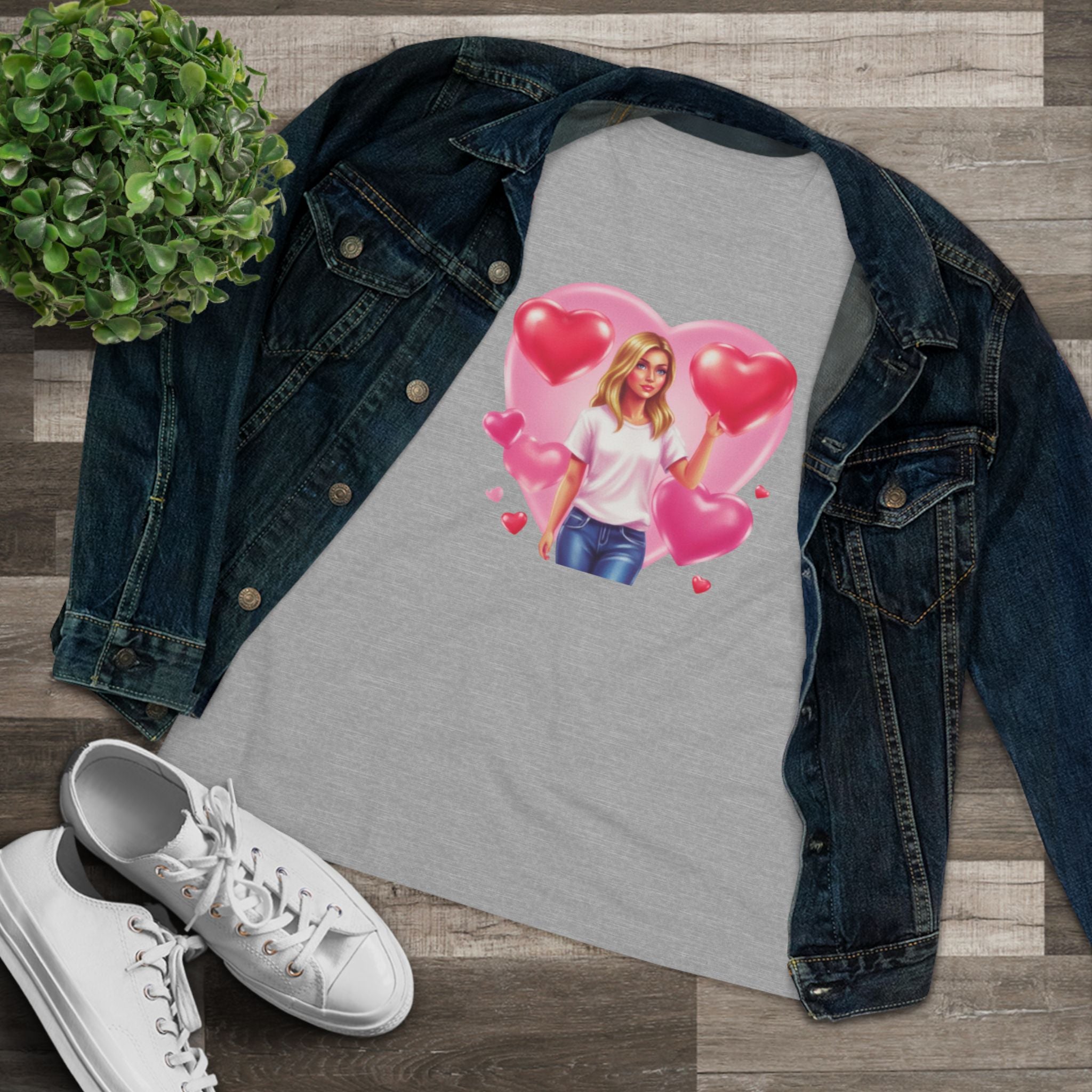 Heart Balloon Cotton Tee - Girl with Pink Heart Balloons Graphic Shirt for Women