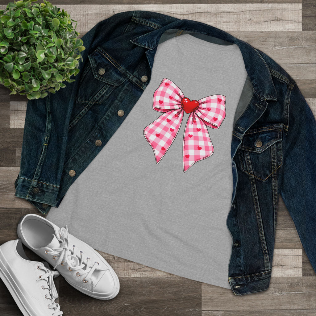 Gingham Heart Bow Cotton Tee - Pink Bow Valentine's Shirt for Women