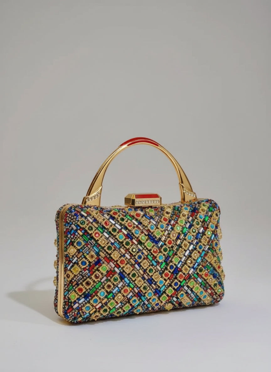 Multicolored beaded handbag held by a person with red nail polish against a neutral background