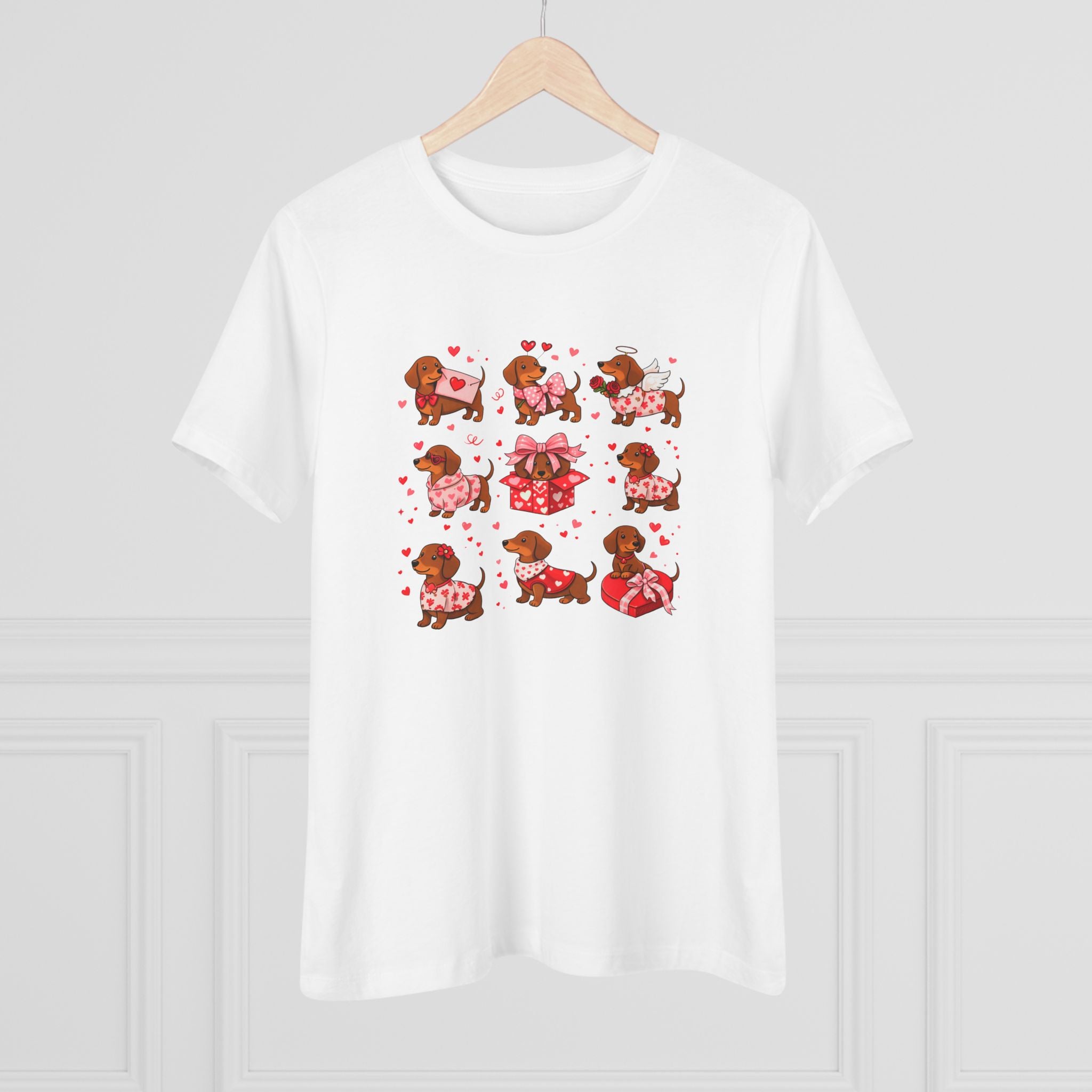 Dachshund Heart Pattern Cotton Tee - Valentine's Wiener Dog Graphic Shirt for Women