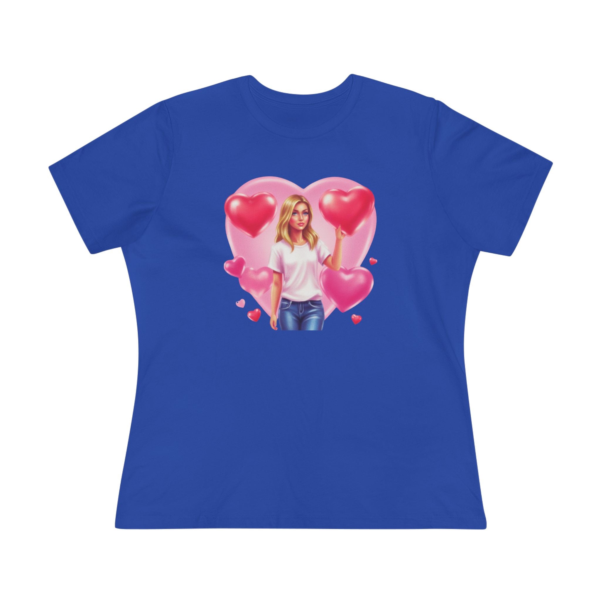 Heart Balloon Cotton Tee - Girl with Pink Heart Balloons Graphic Shirt for Women