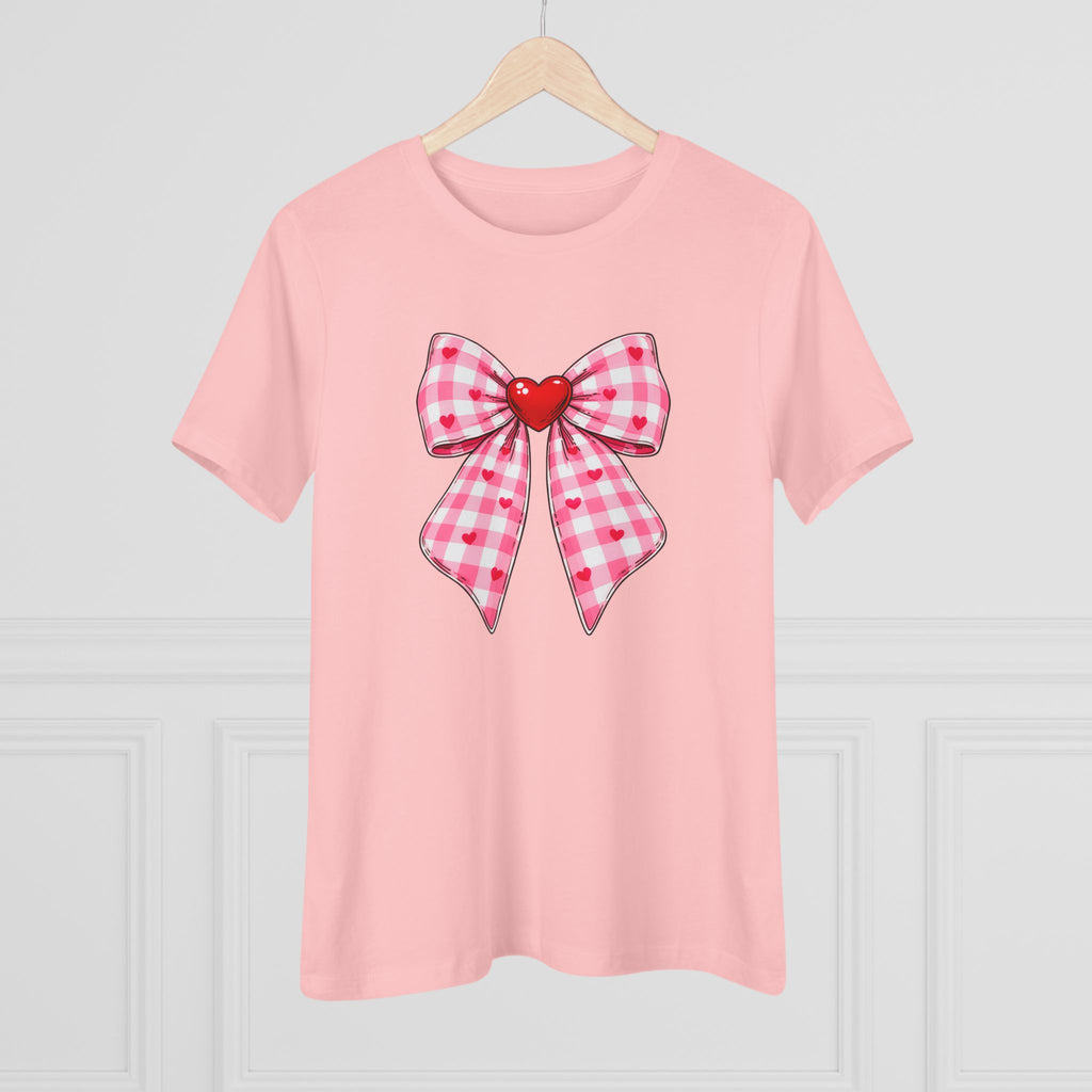 Gingham Heart Bow Cotton Tee - Pink Bow Valentine's Shirt for Women