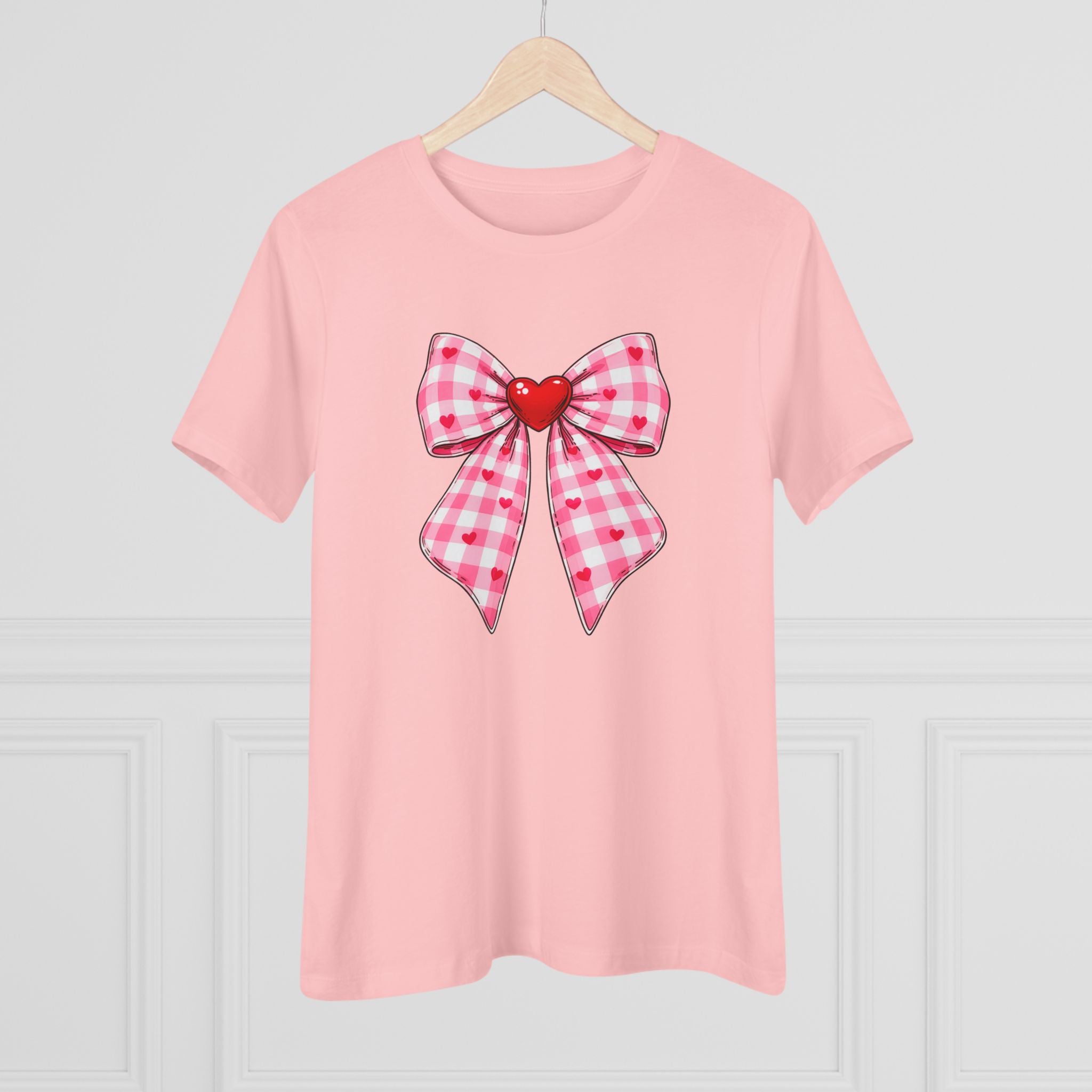Gingham Heart Bow Cotton Tee - Pink Bow Valentine's Shirt for Women