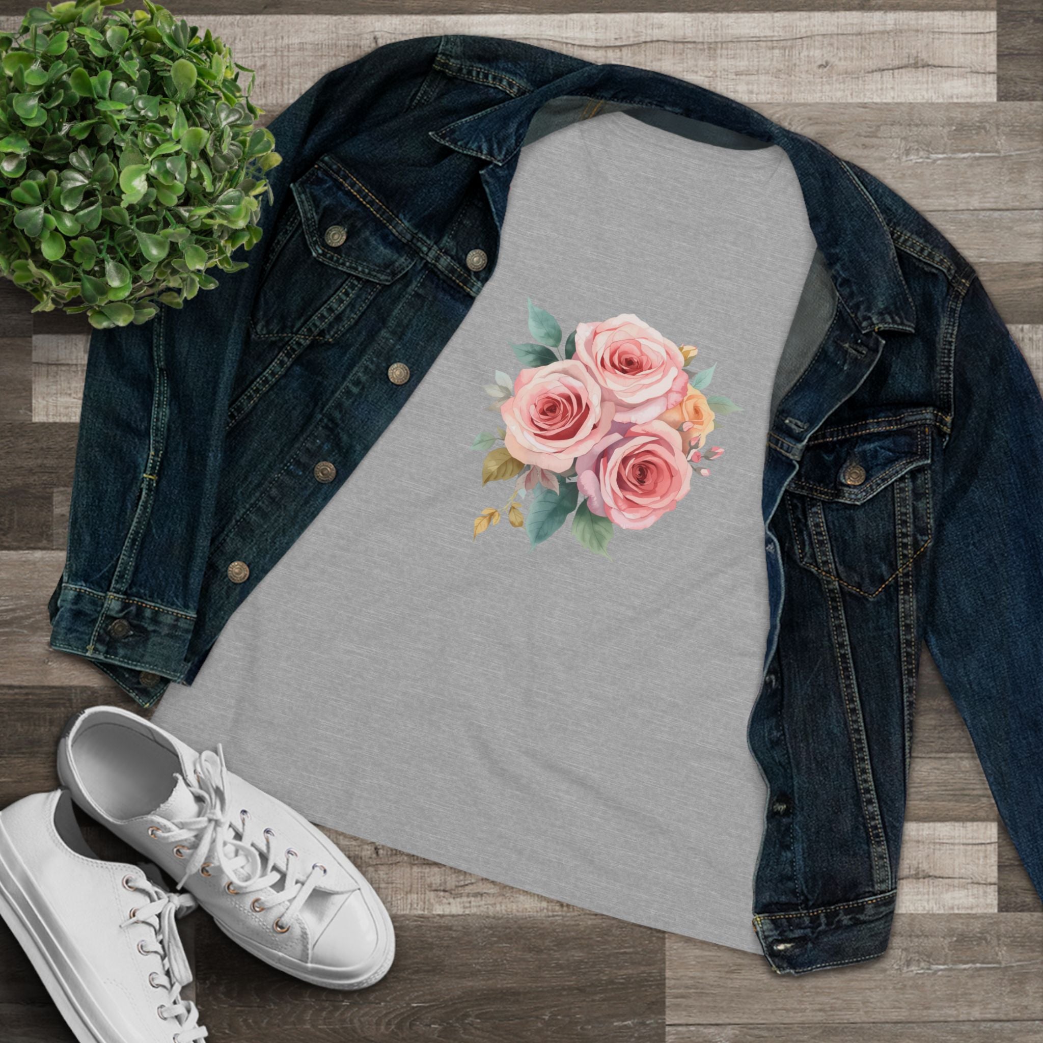Watercolor Rose Bouquet Cotton Tee - Floral Graphic Shirt for Women