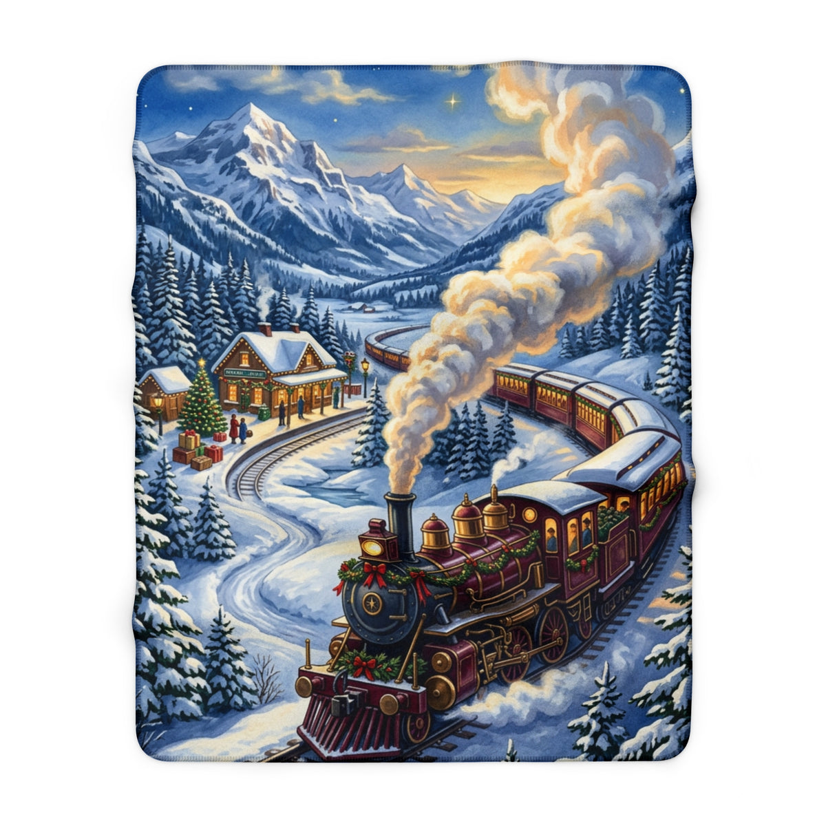 Winter Mountain Train Sherpa Fleece Blanket