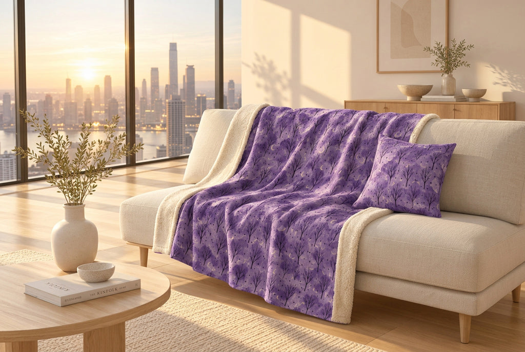 Purple Moonlit Forest Sherpa Fleece Blanket