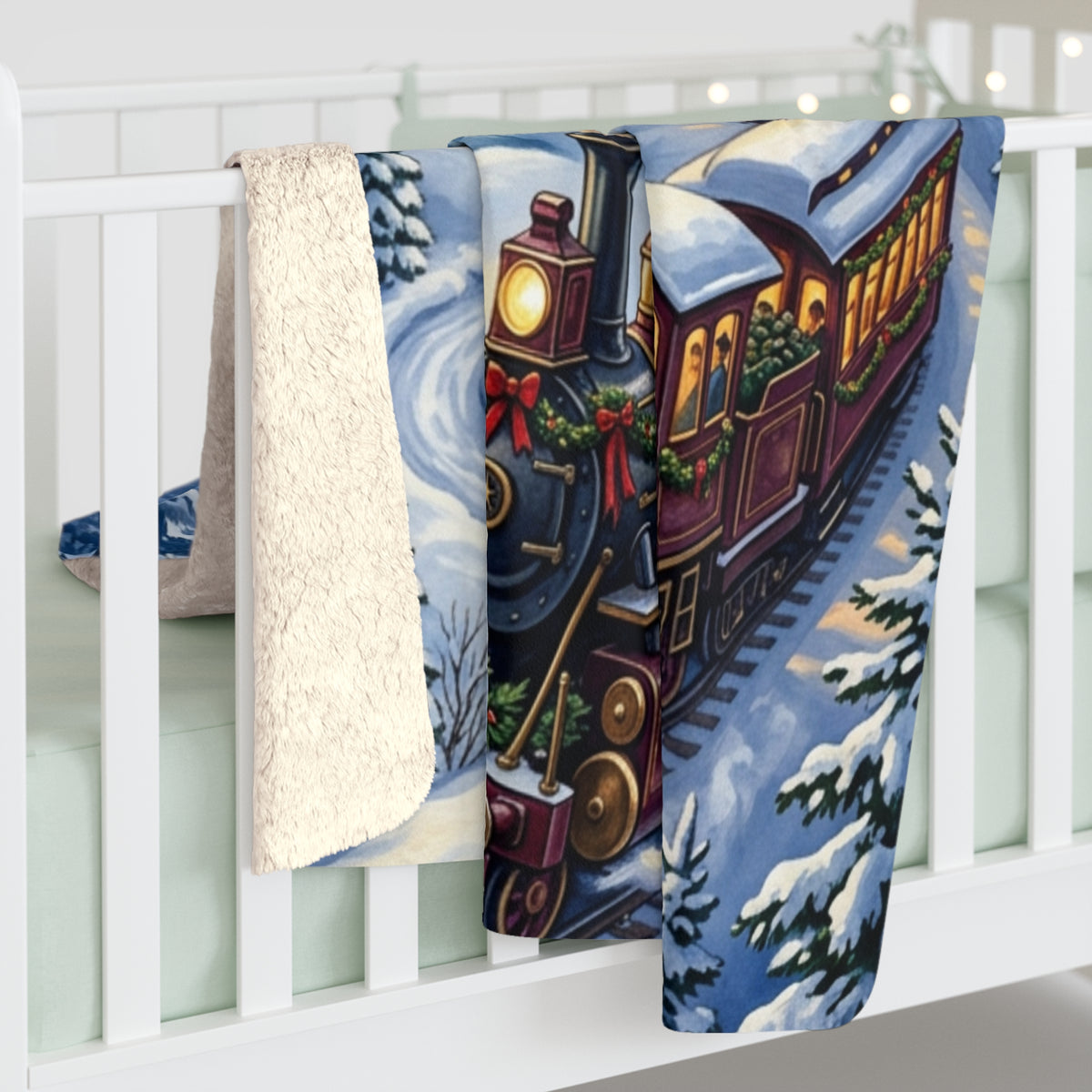 Winter Mountain Train Sherpa Fleece Blanket