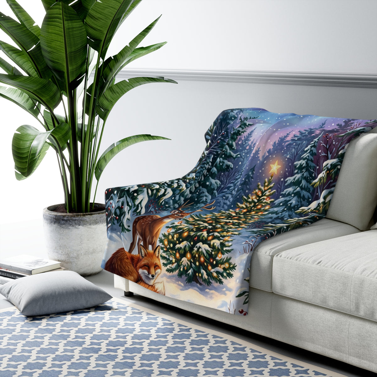Winter Woodland Christmas Sherpa Fleece Blanket with Deer, Fox & Christmas Tree