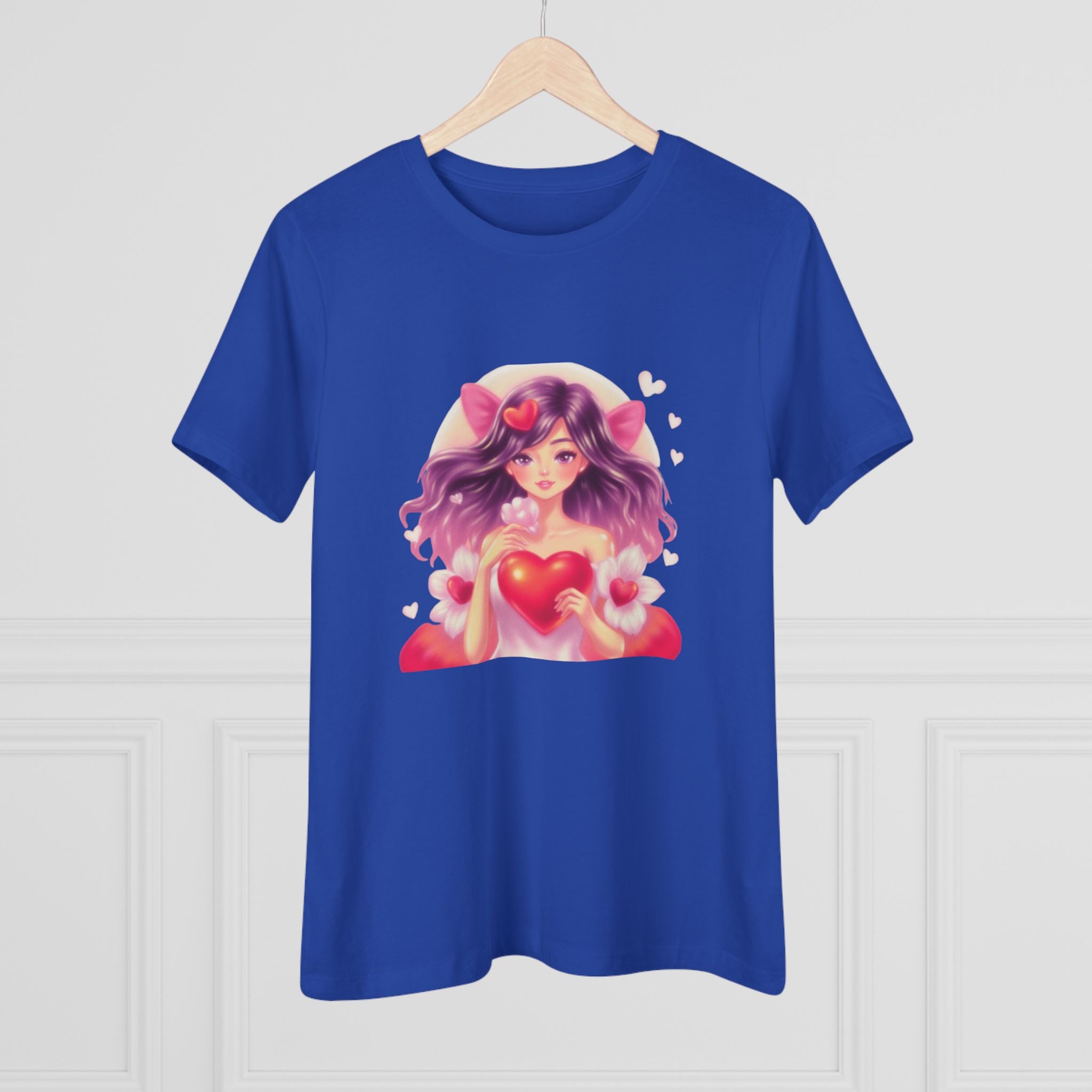 Cute Anime Girl Cotton Tee - Kawaii Heart Valentine's Shirt for Women