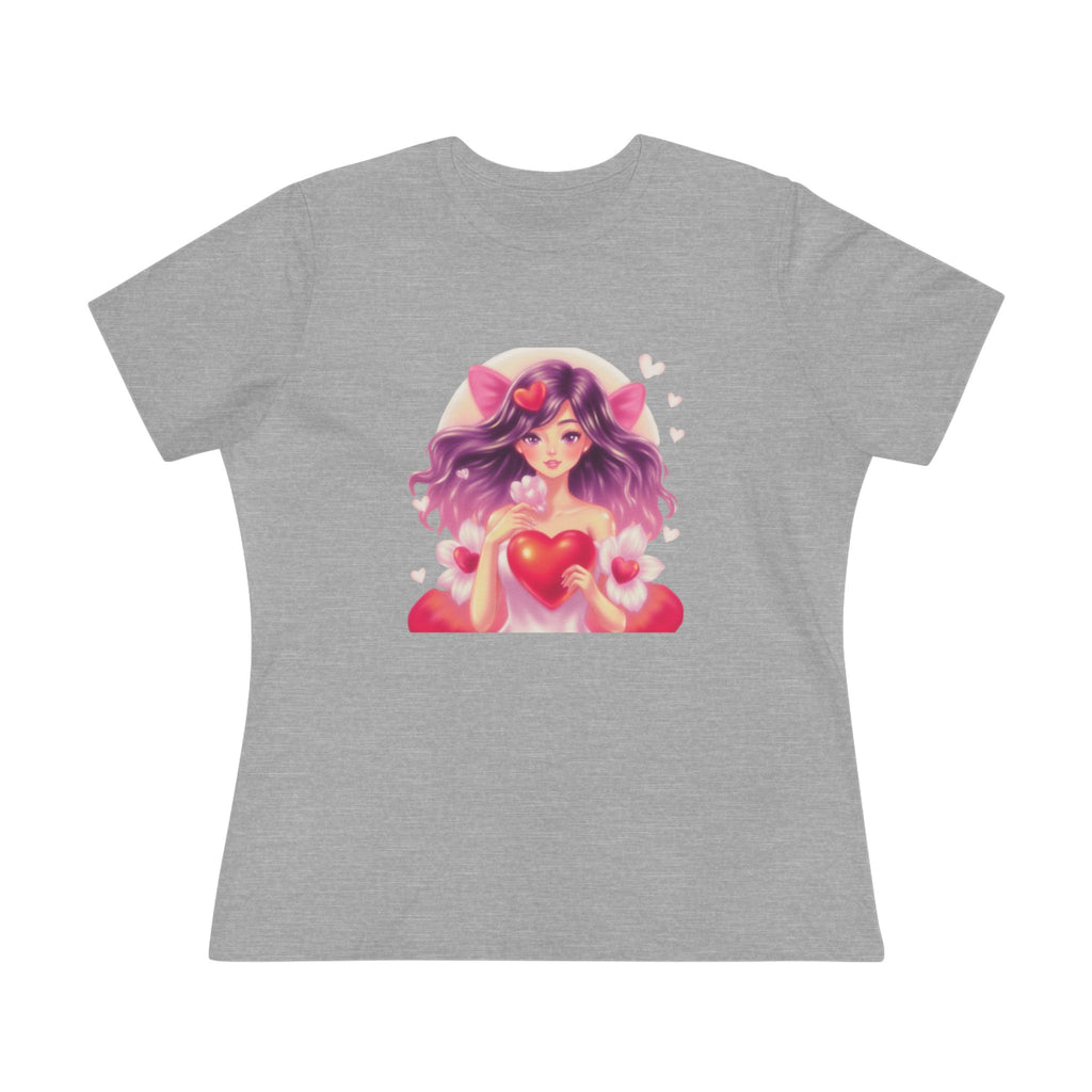 Cute Anime Girl Cotton Tee - Kawaii Heart Valentine's Shirt for Women