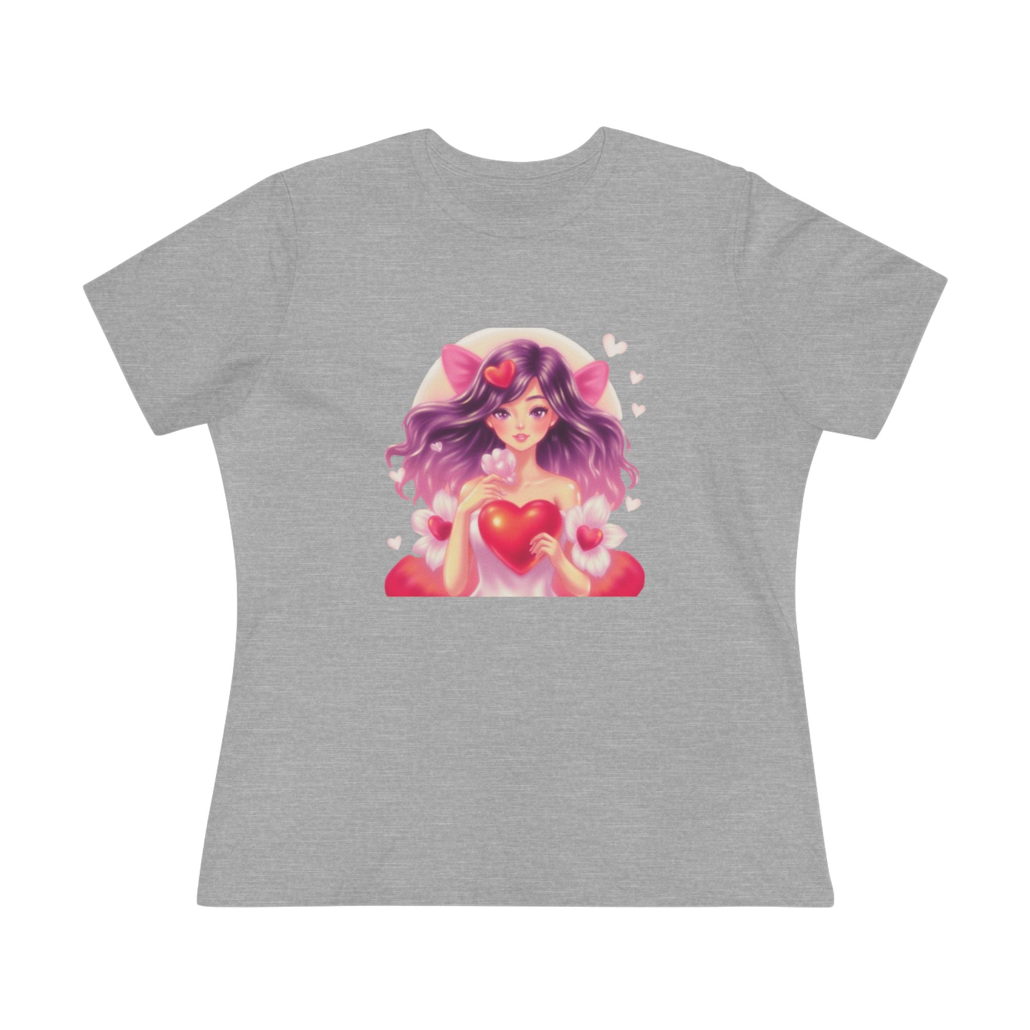 Cute Anime Girl Cotton Tee - Kawaii Heart Valentine's Shirt for Women