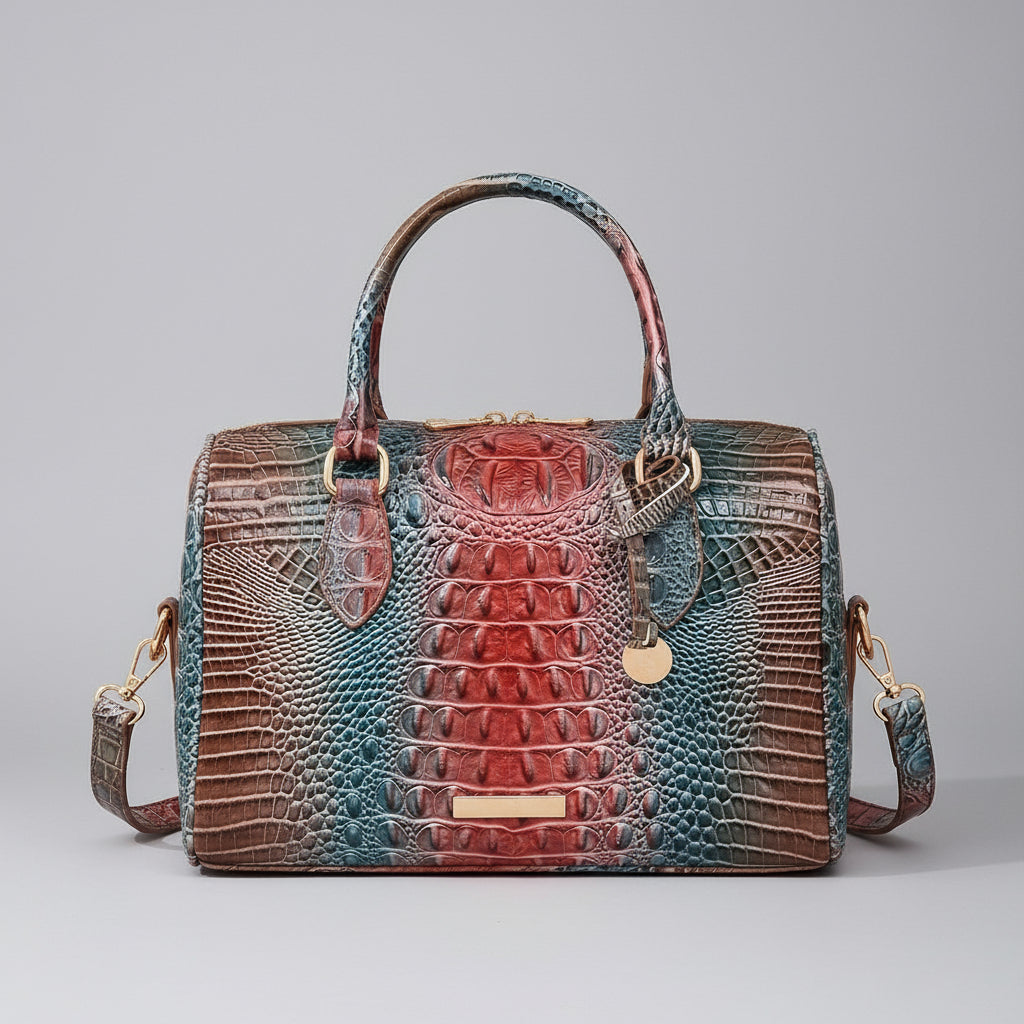 Multicolored textured handbag on a wooden surface with a dark background