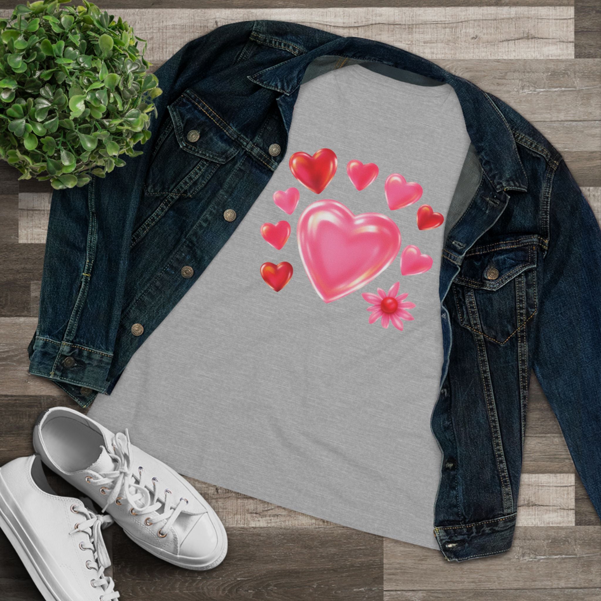 Valentine Hearts & Flower Cotton Tee - Cute Love Graphic Shirt for Women