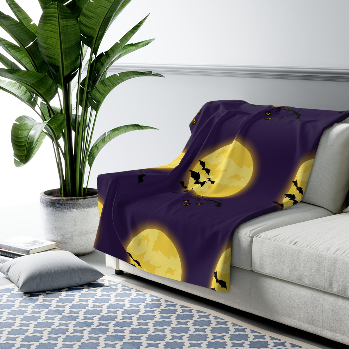 Halloween Moon Sherpa Blanket — Full Moon Bats & Jack-O’-Lanterns Fleece Throw