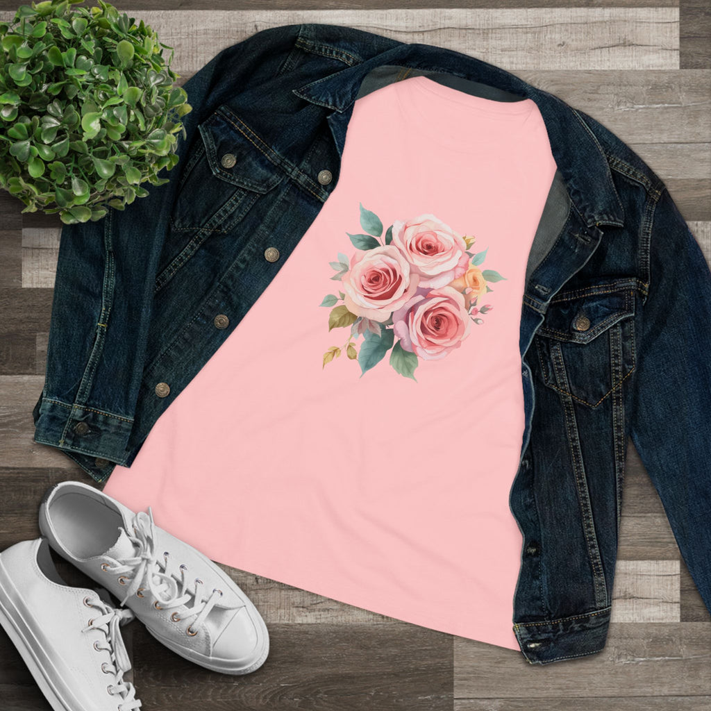 Watercolor Rose Bouquet Cotton Tee - Floral Graphic Shirt for Women
