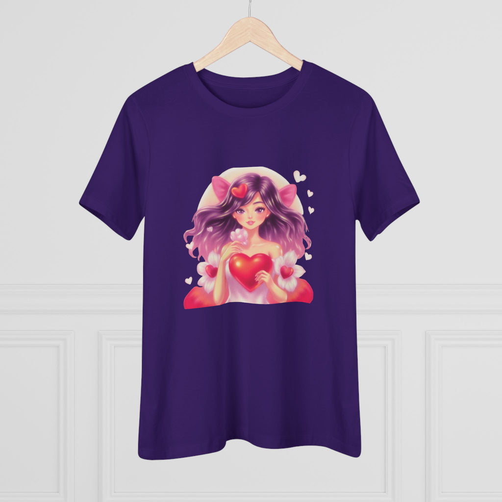 Cute Anime Girl Cotton Tee - Kawaii Heart Valentine's Shirt for Women