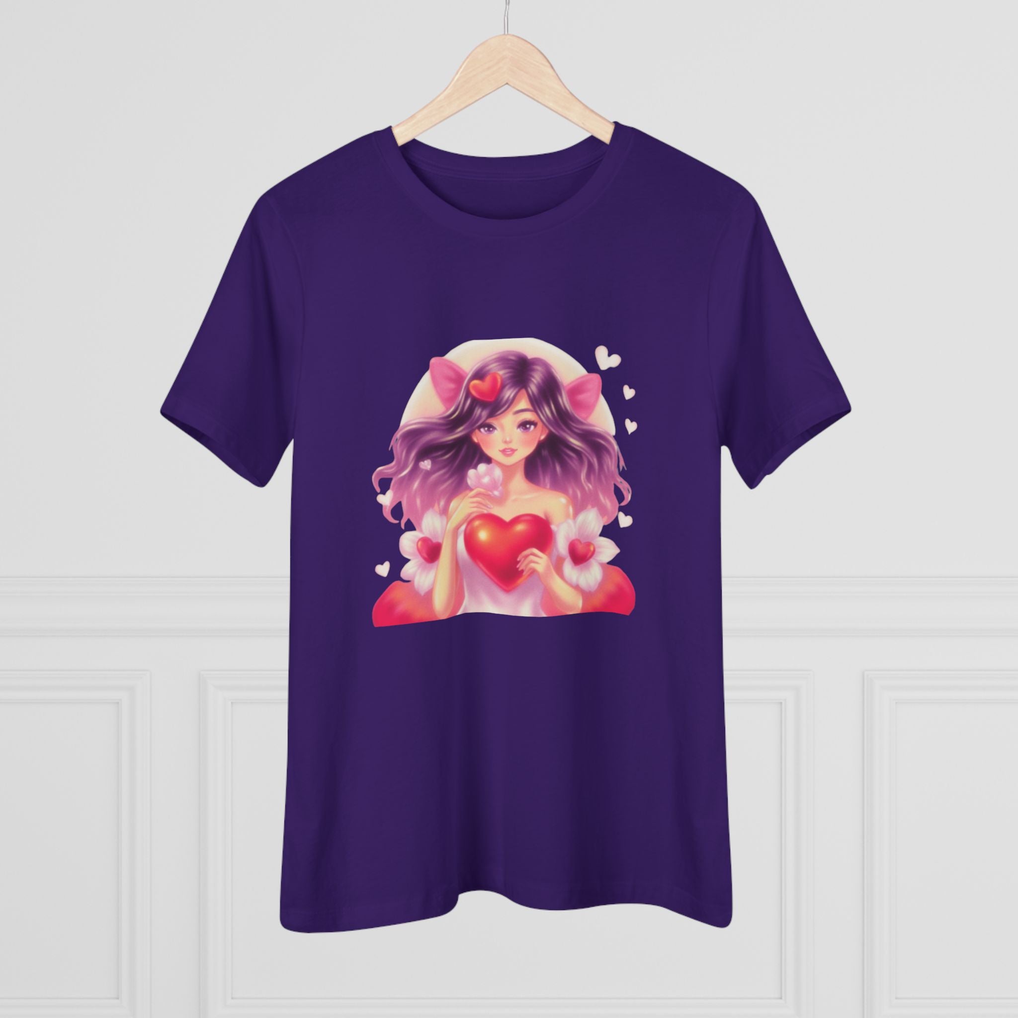 Cute Anime Girl Cotton Tee - Kawaii Heart Valentine's Shirt for Women