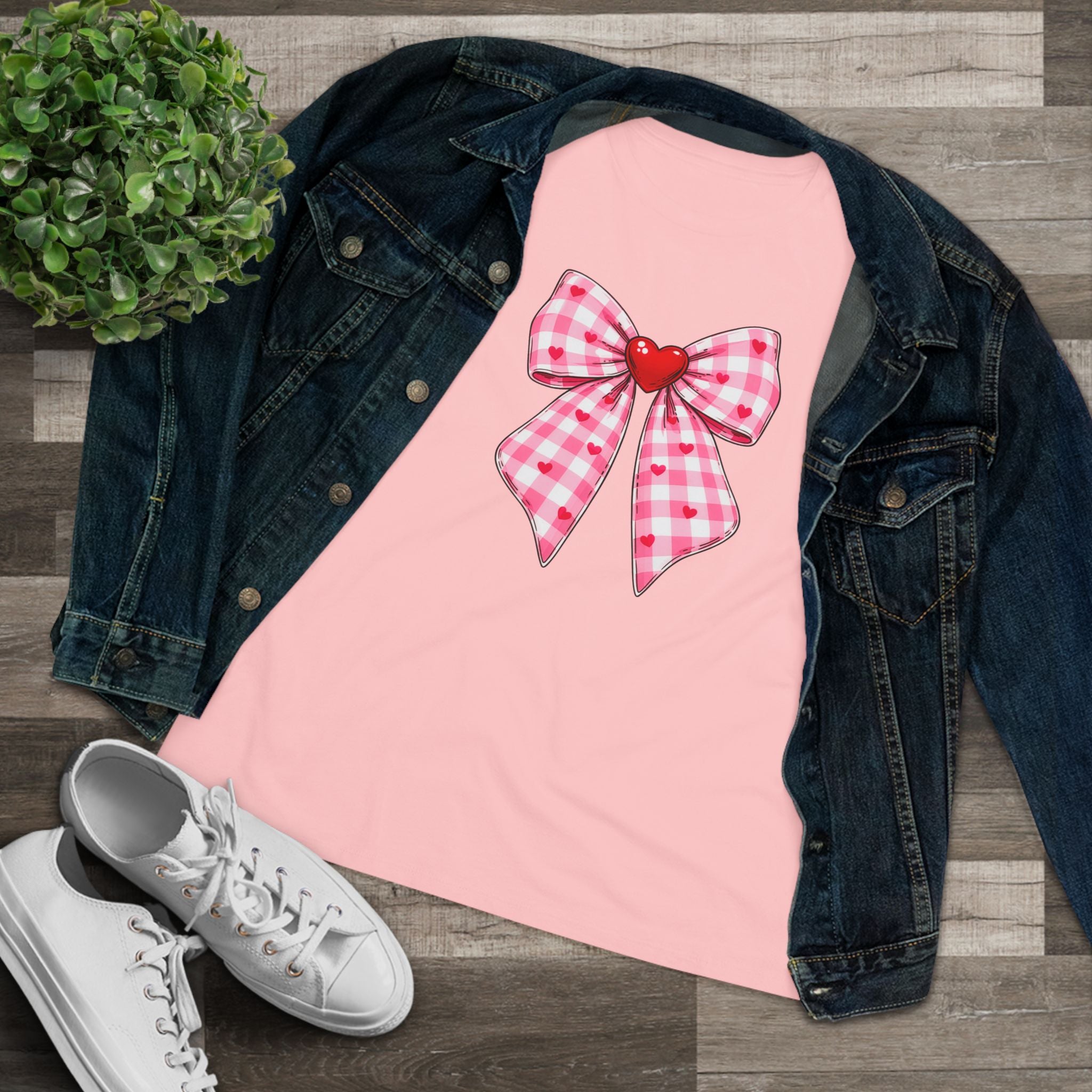 Gingham Heart Bow Cotton Tee - Pink Bow Valentine's Shirt for Women