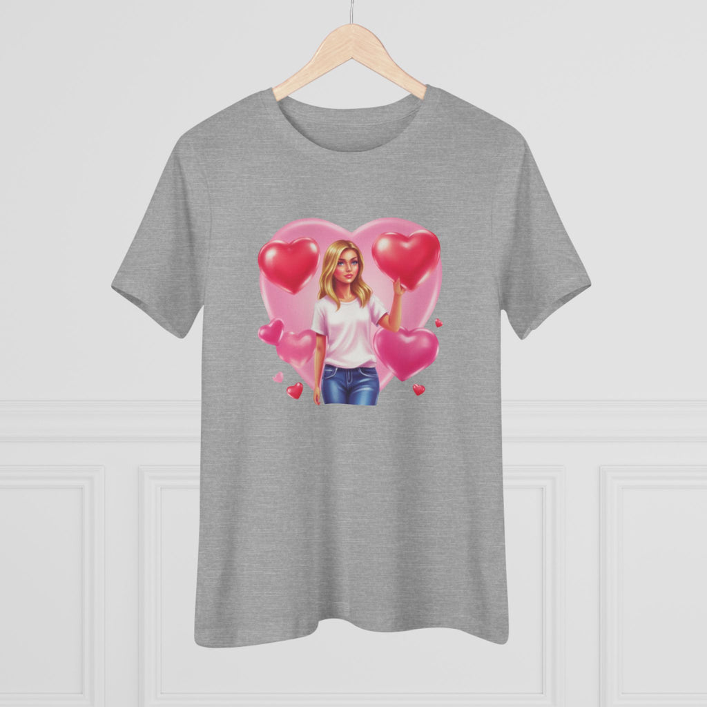 Heart Balloon Cotton Tee - Girl with Pink Heart Balloons Graphic Shirt for Women