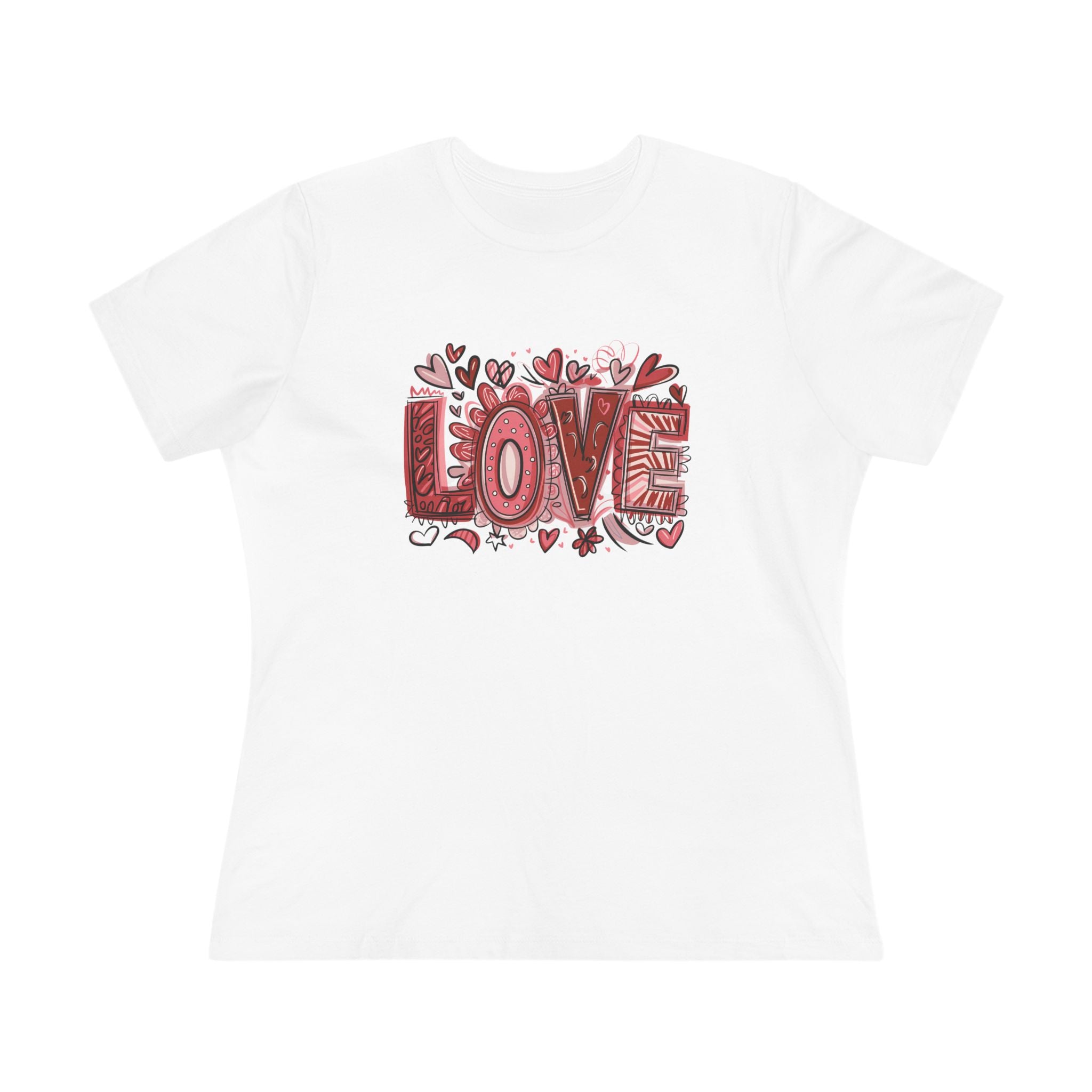 White t-shirt with red 'LOVE' graphic design on a white background