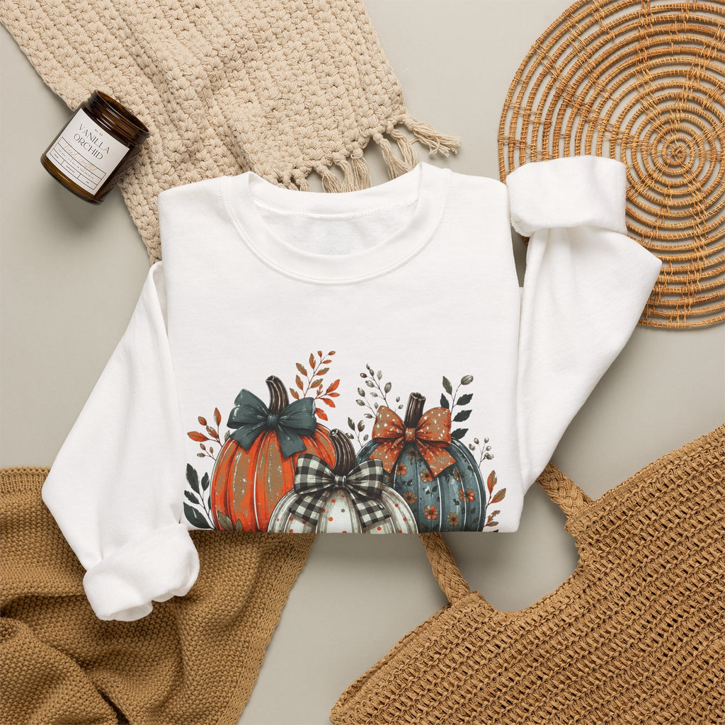 Autumn Pumpkin Trio Crewneck Sweatshirt — Fall Floral Thanksgiving Pullover