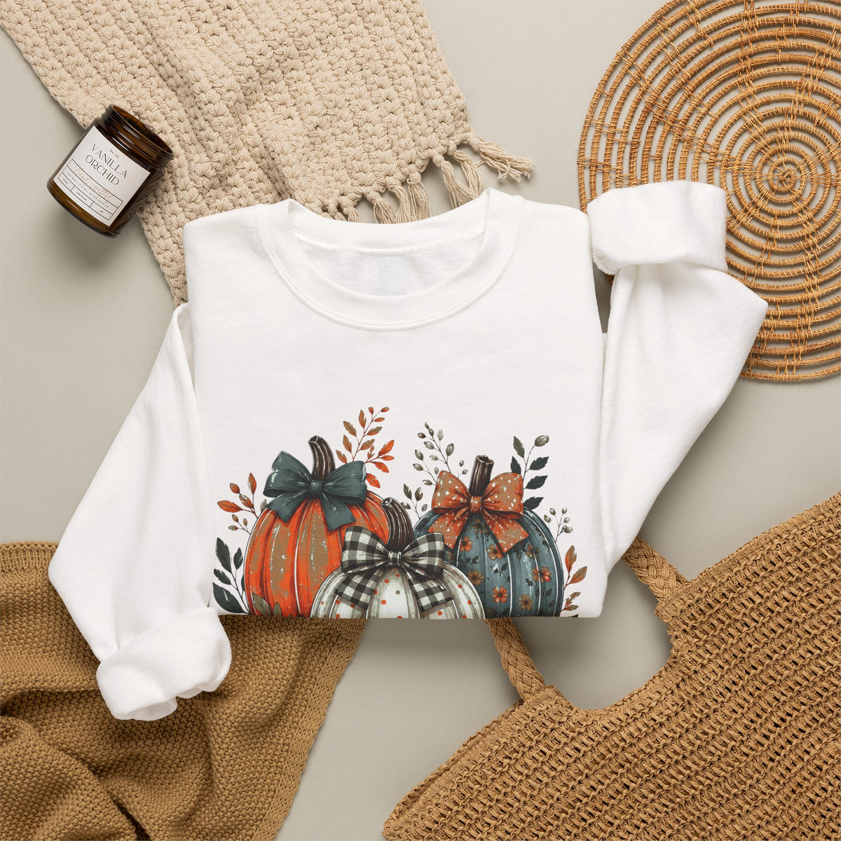 Autumn Pumpkin Trio Crewneck Sweatshirt — Fall Floral Thanksgiving Pullover
