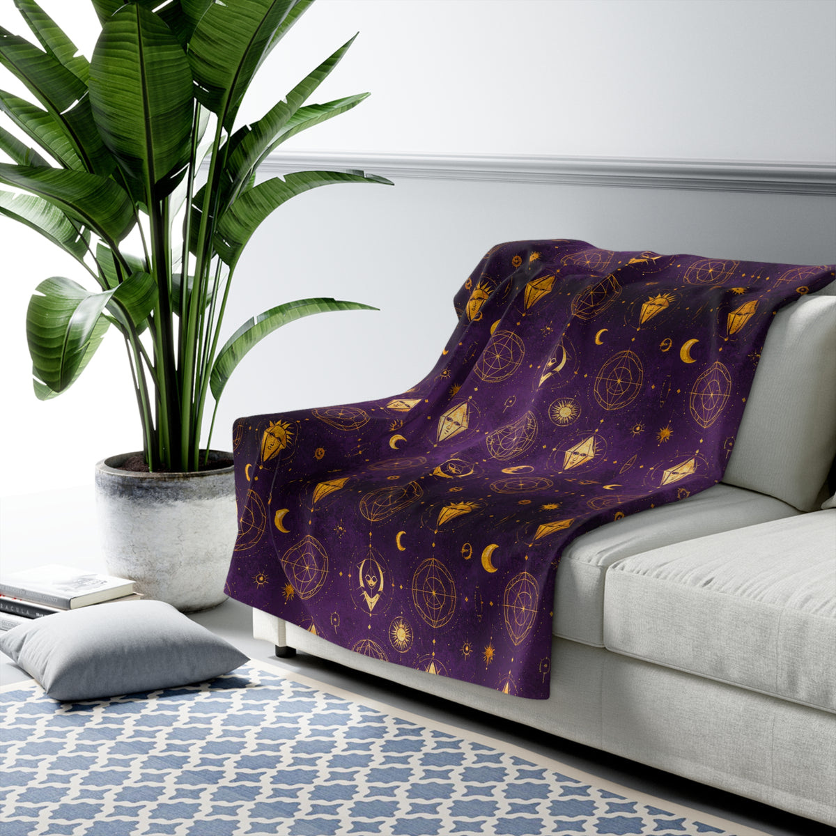 Mystic Moon & Stars Sherpa Blanket — Purple Celestial Fleece Throw