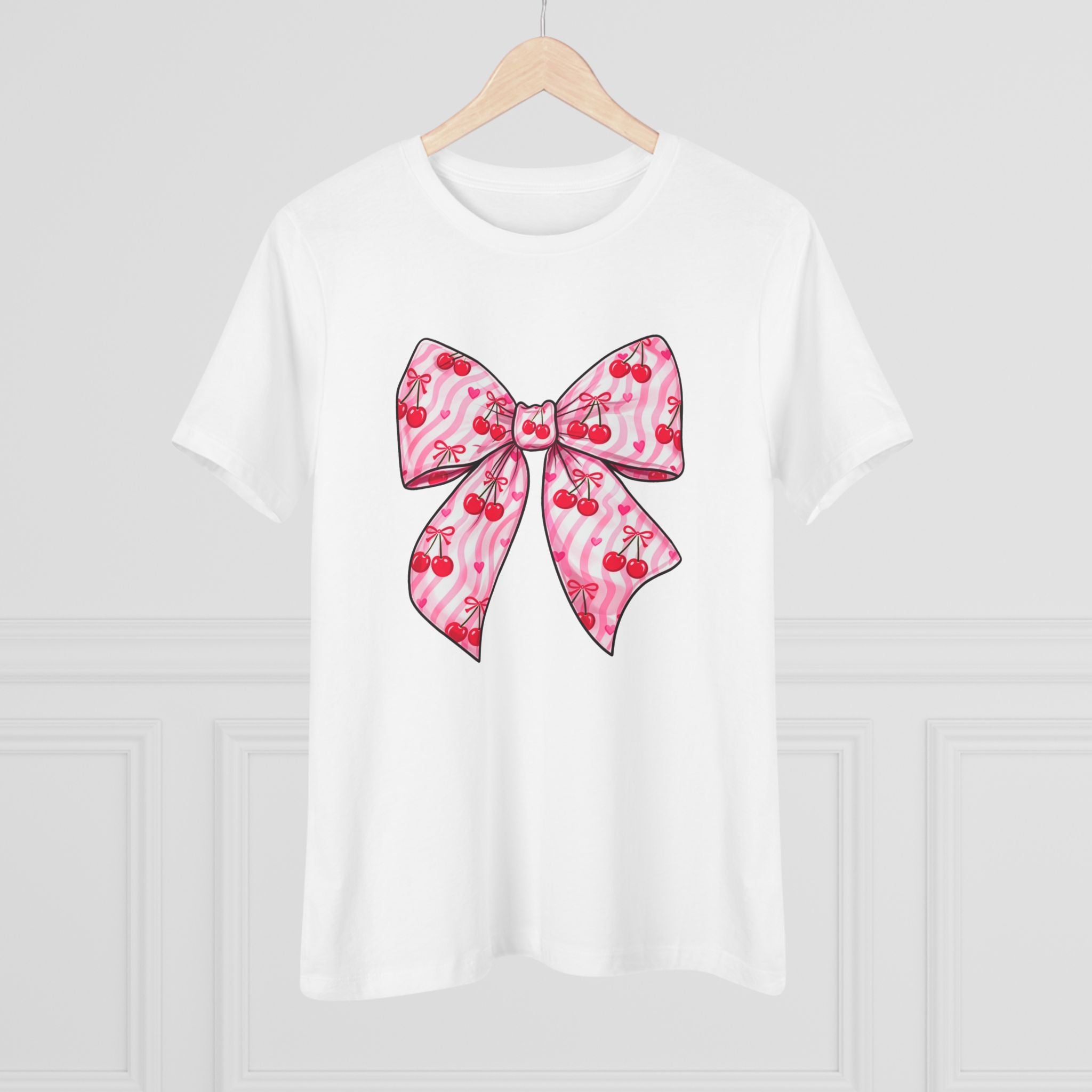 Pink Cherries Bow Women's Tee — Cute Tropical Ribbon Graphic Shirt