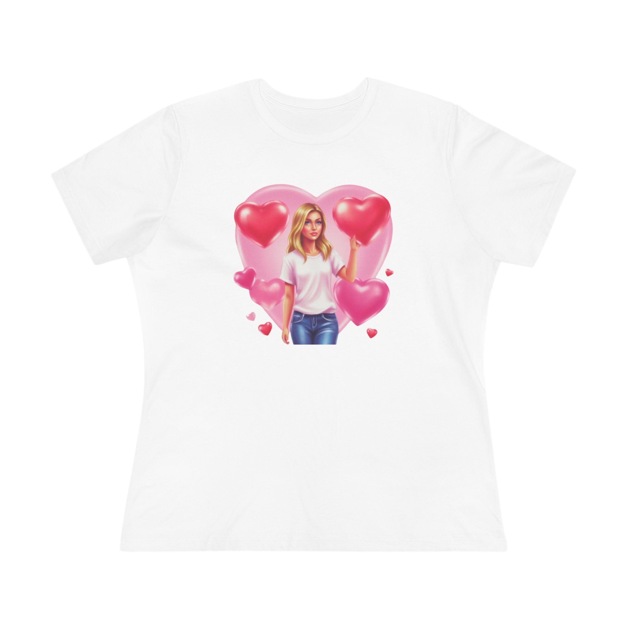 Heart Balloon Cotton Tee - Girl with Pink Heart Balloons Graphic Shirt for Women