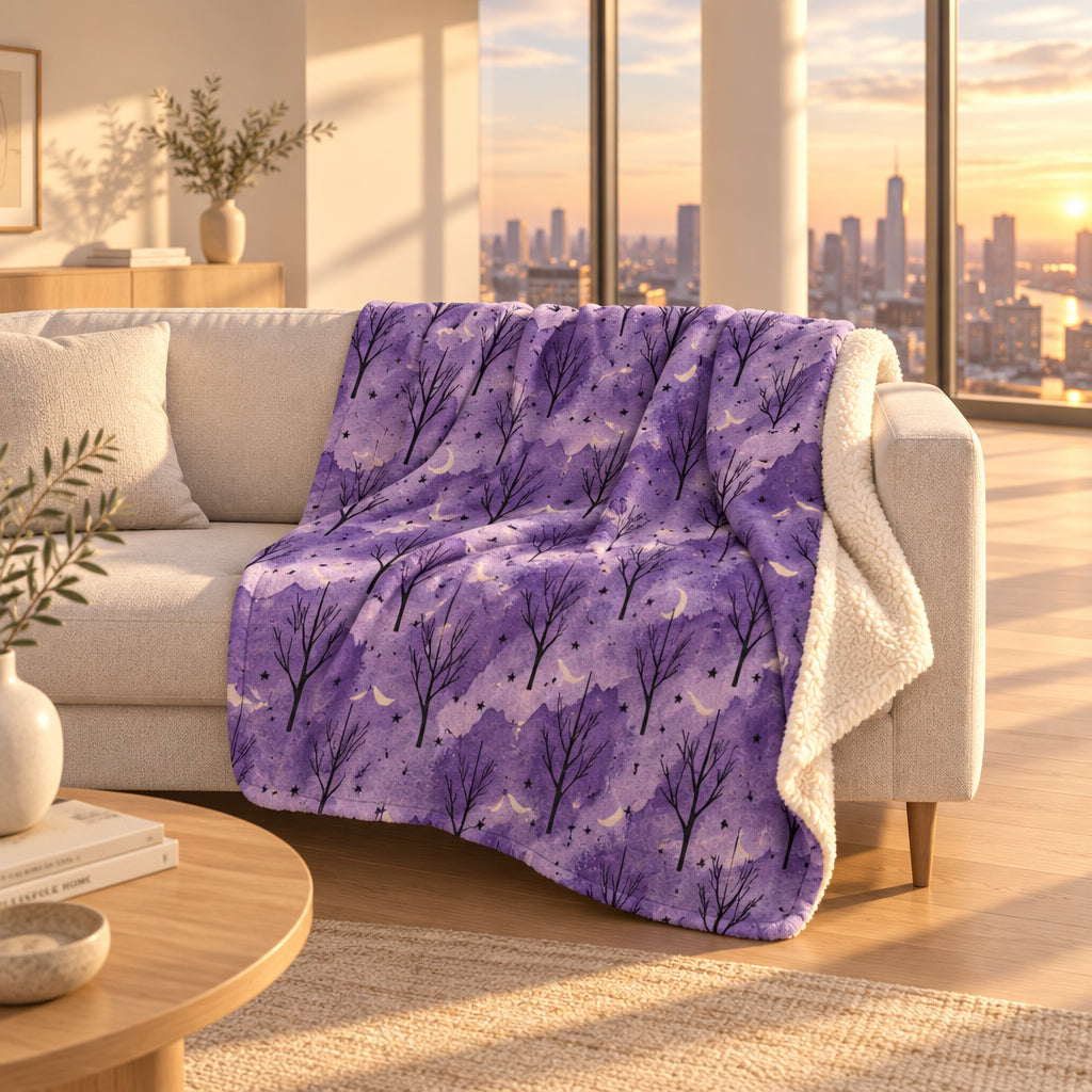 A baby blanket draped over a white crib, featuring a purple watercolor forest pattern with black trees, cream crescent moons, and stars, with a soft cream sherpa backing.
